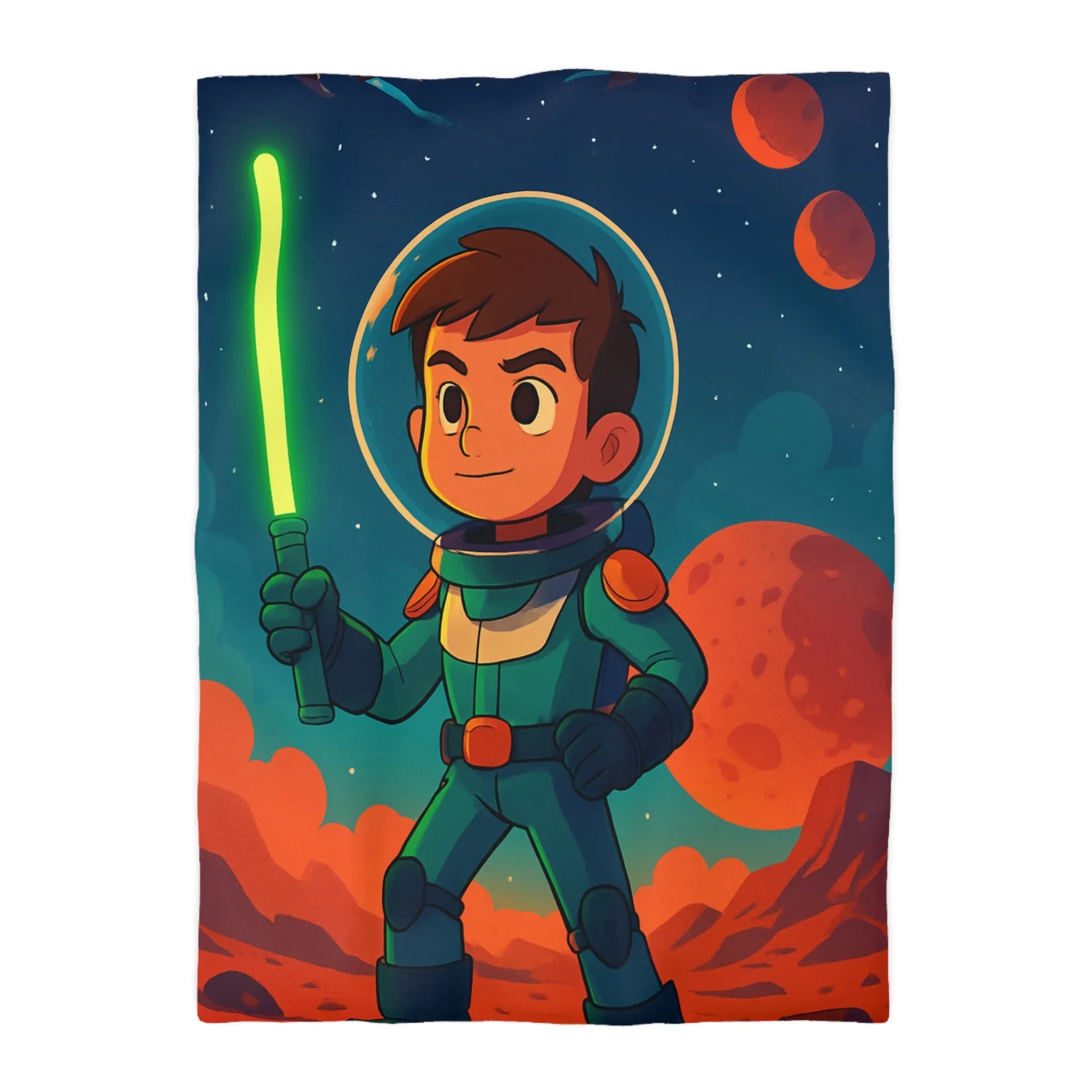 Housse de couette illustrée avec enfant astronaute et épée dans l'espace coloré