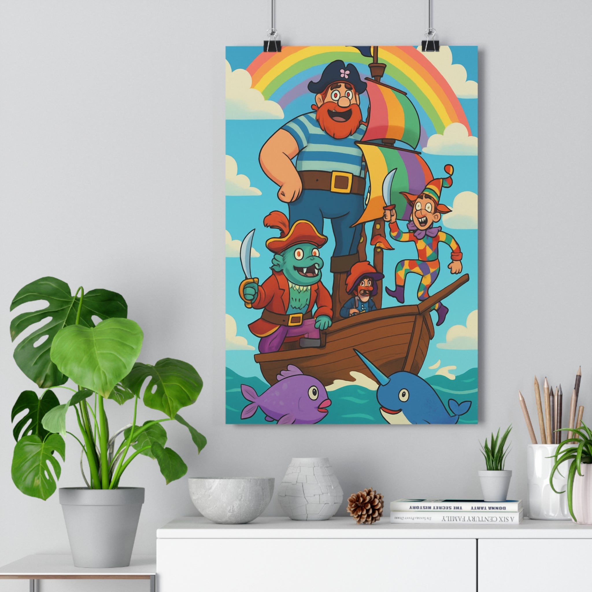 Poster décoratif fantaisie pirates arcenciel coloré cartoon joyeux enfant chambre aventure mer vibrant animé