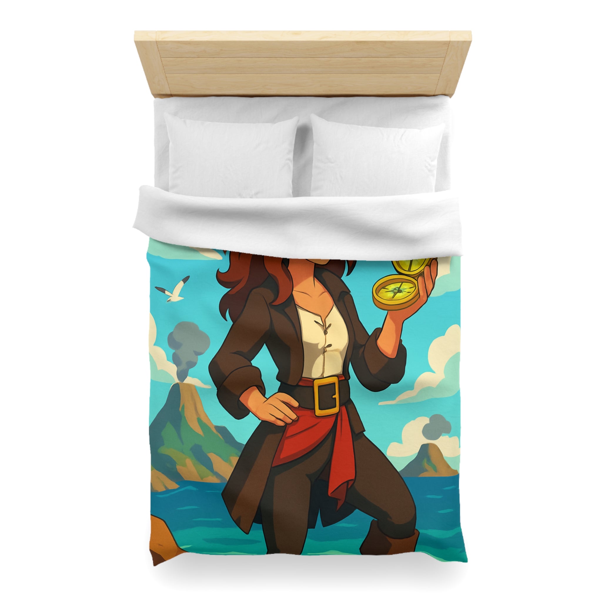 Housse de couette piraterie avec paysage maritime et aventurière avec boussole