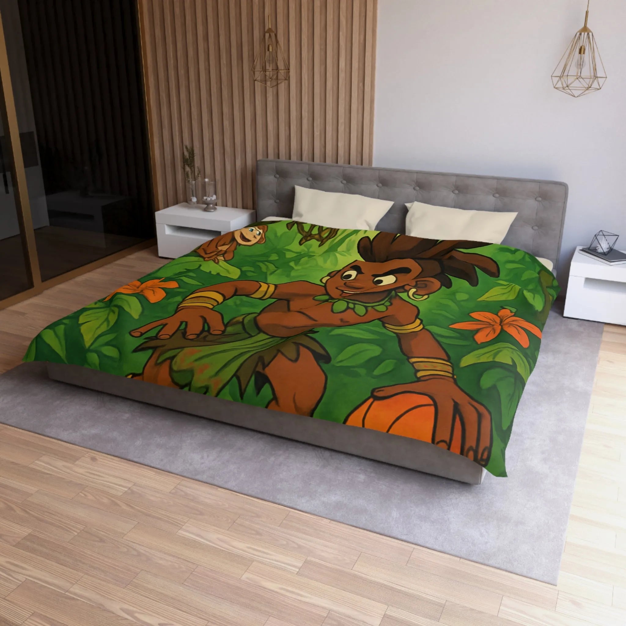 Housse de couette jungle avec garçon joueur de basket et animaux exotiques colorés