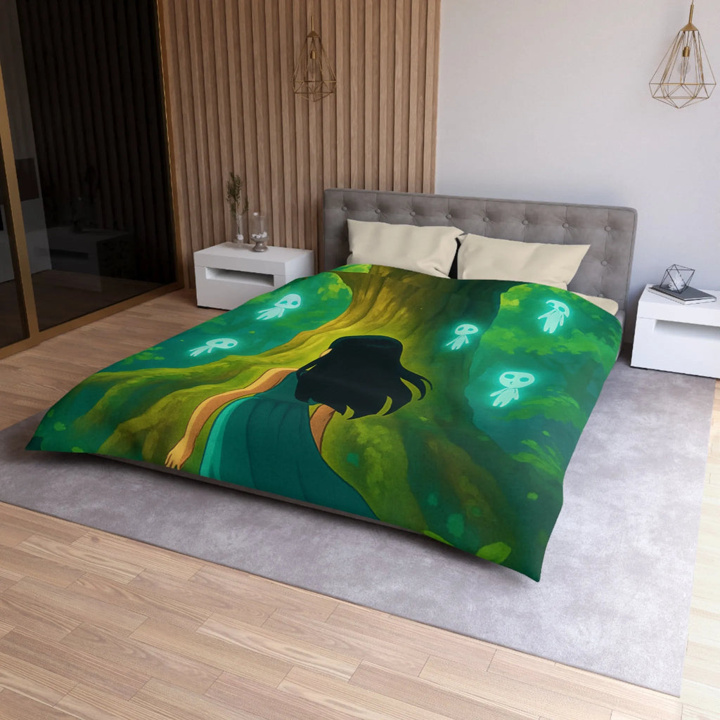 Housse de couette forêt mystique avec fille et esprits lumineux style onirique enchanteur