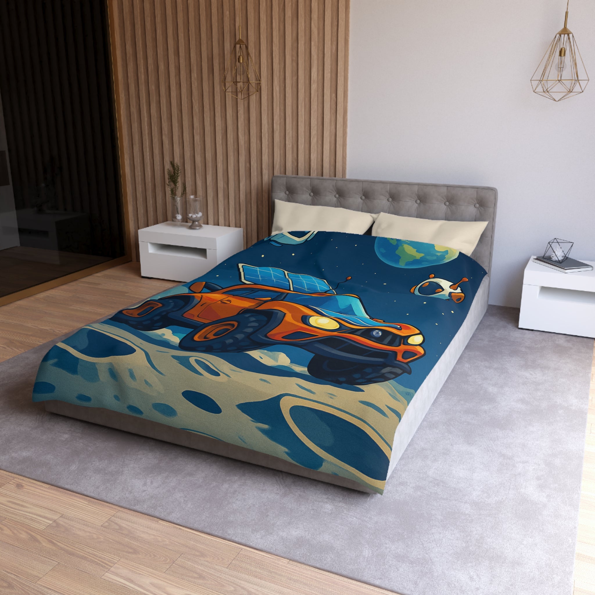 Housse de couette spatiale avec voiture orange et robots sur fond lunaire captivant