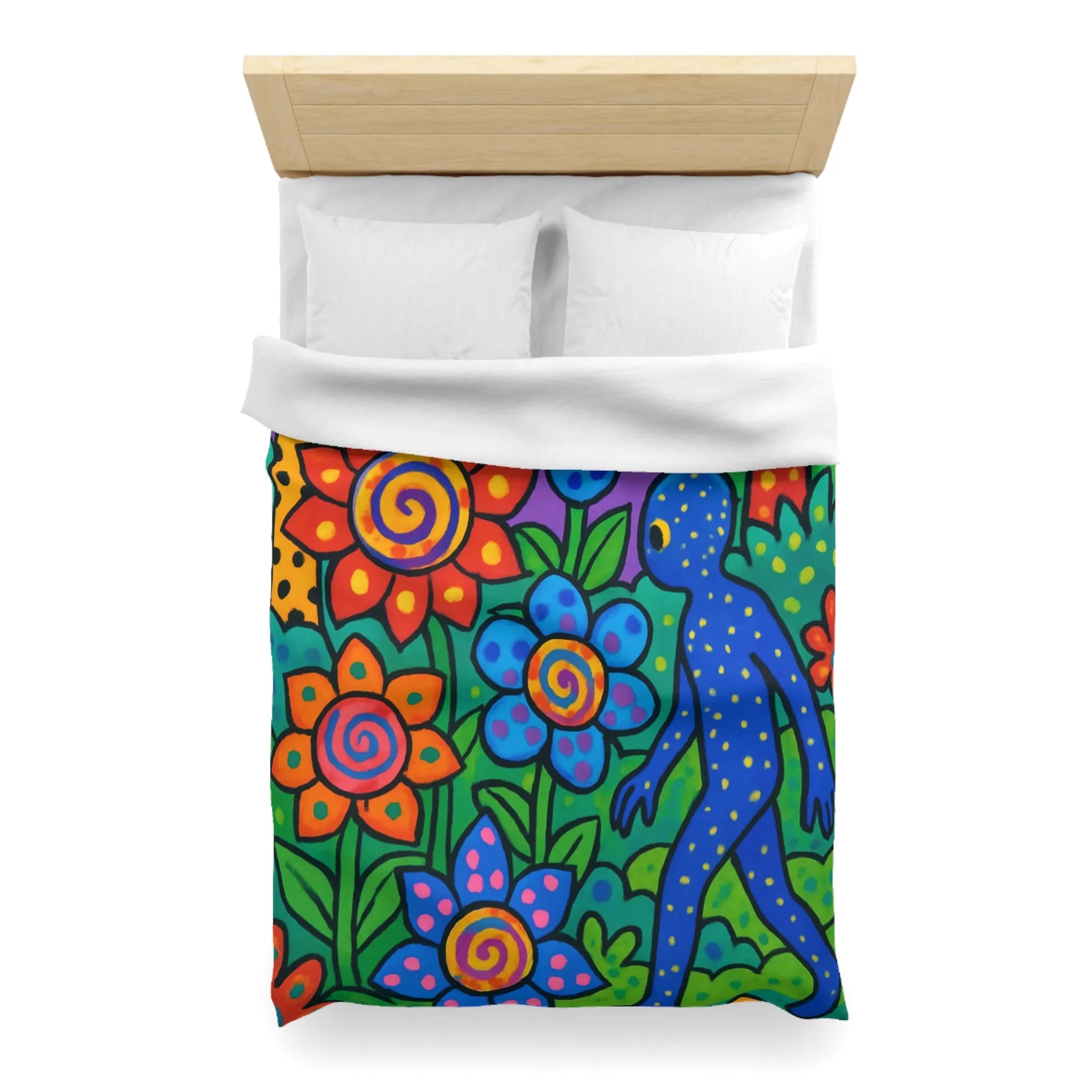 Housse de couette joyeuse avec motifs floraux et créature colorée en jungle vibrante