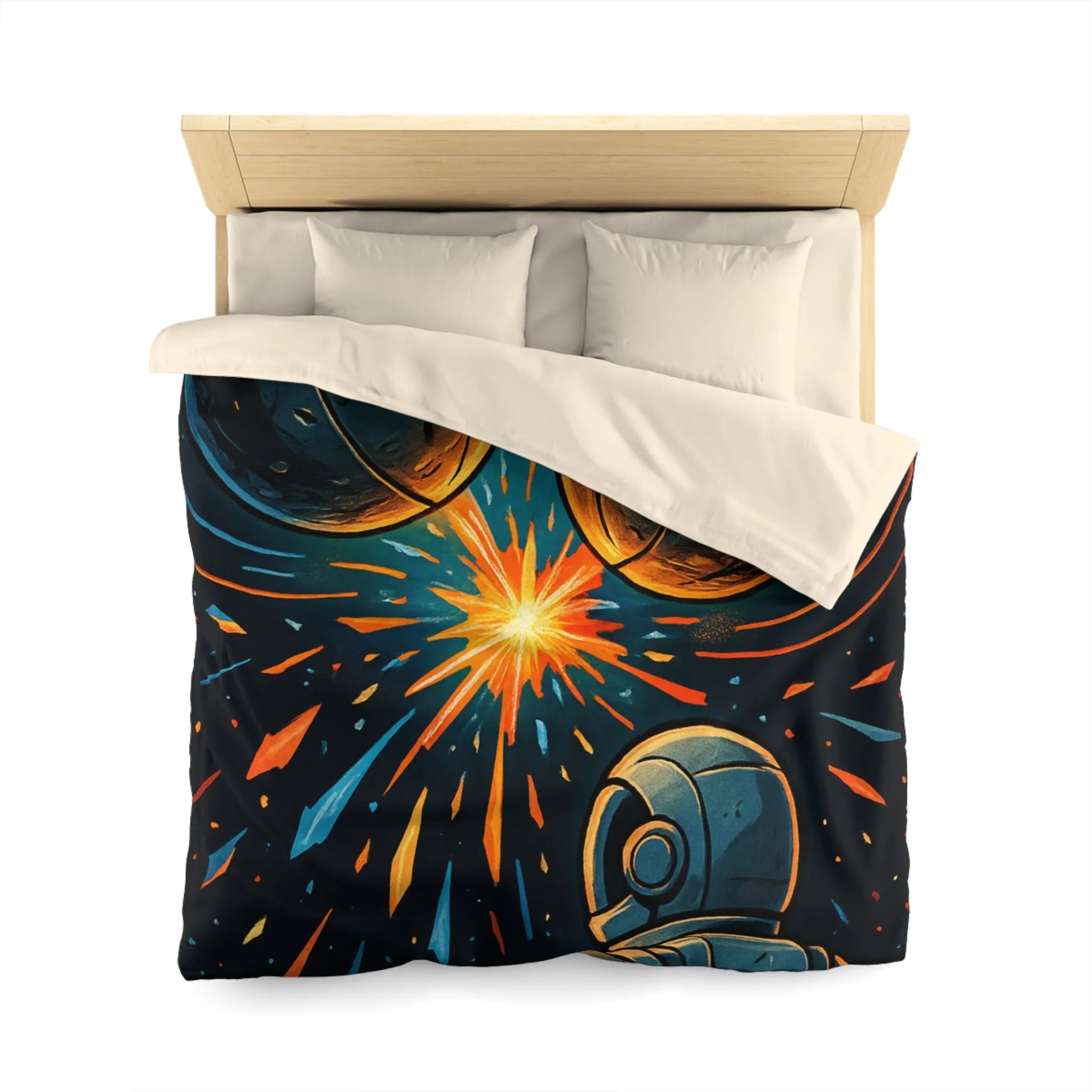 Décorative housse de couette espace cosmique avec astronaute et sphères lumineuses métalliques