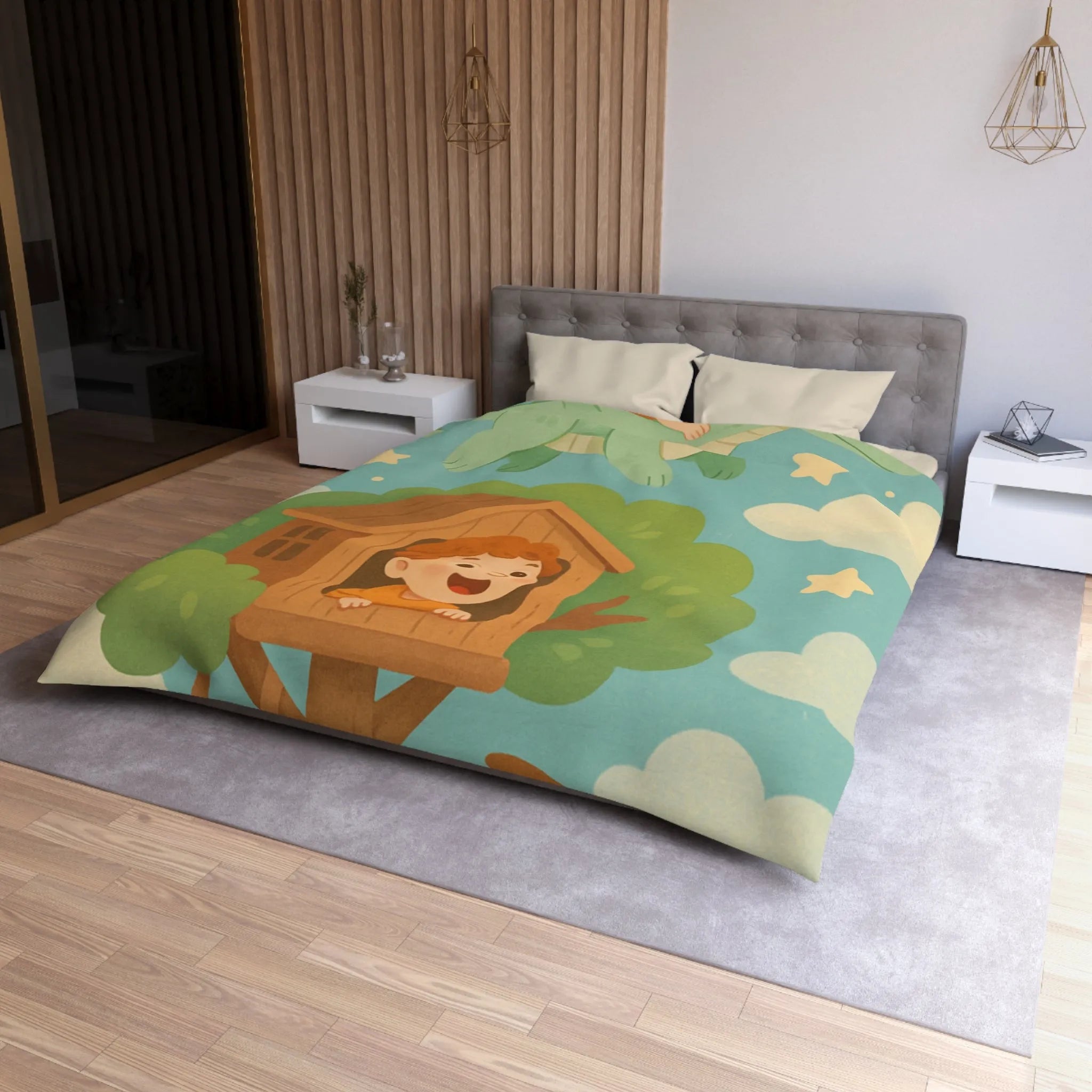 Housse de Couette Enfant Colorée avec Dragon, Maisonnette Arbre et Étoiles Féeriques