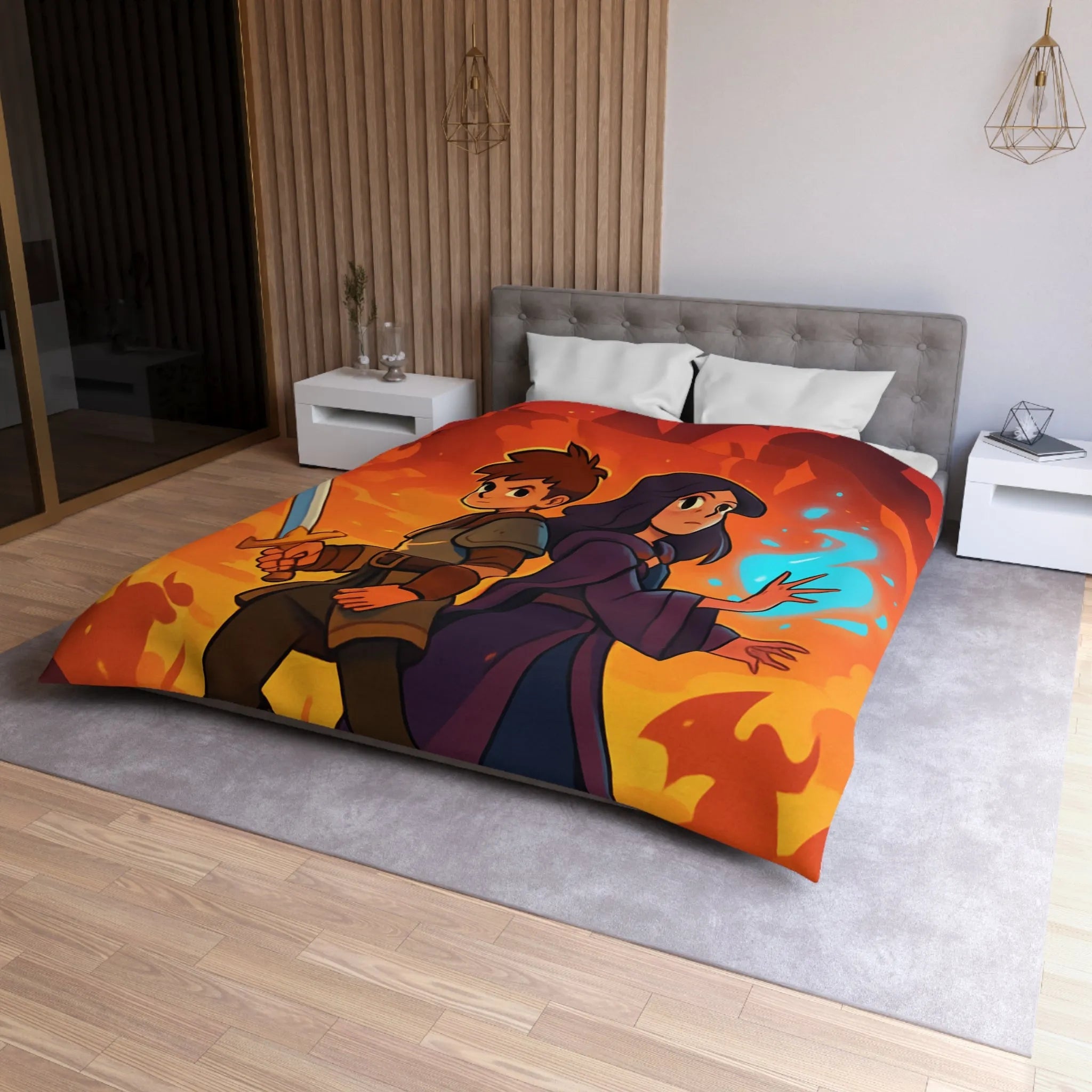 Housse de couette épique, jeunes aventuriers et dragons incandescents en fantaisie captivante