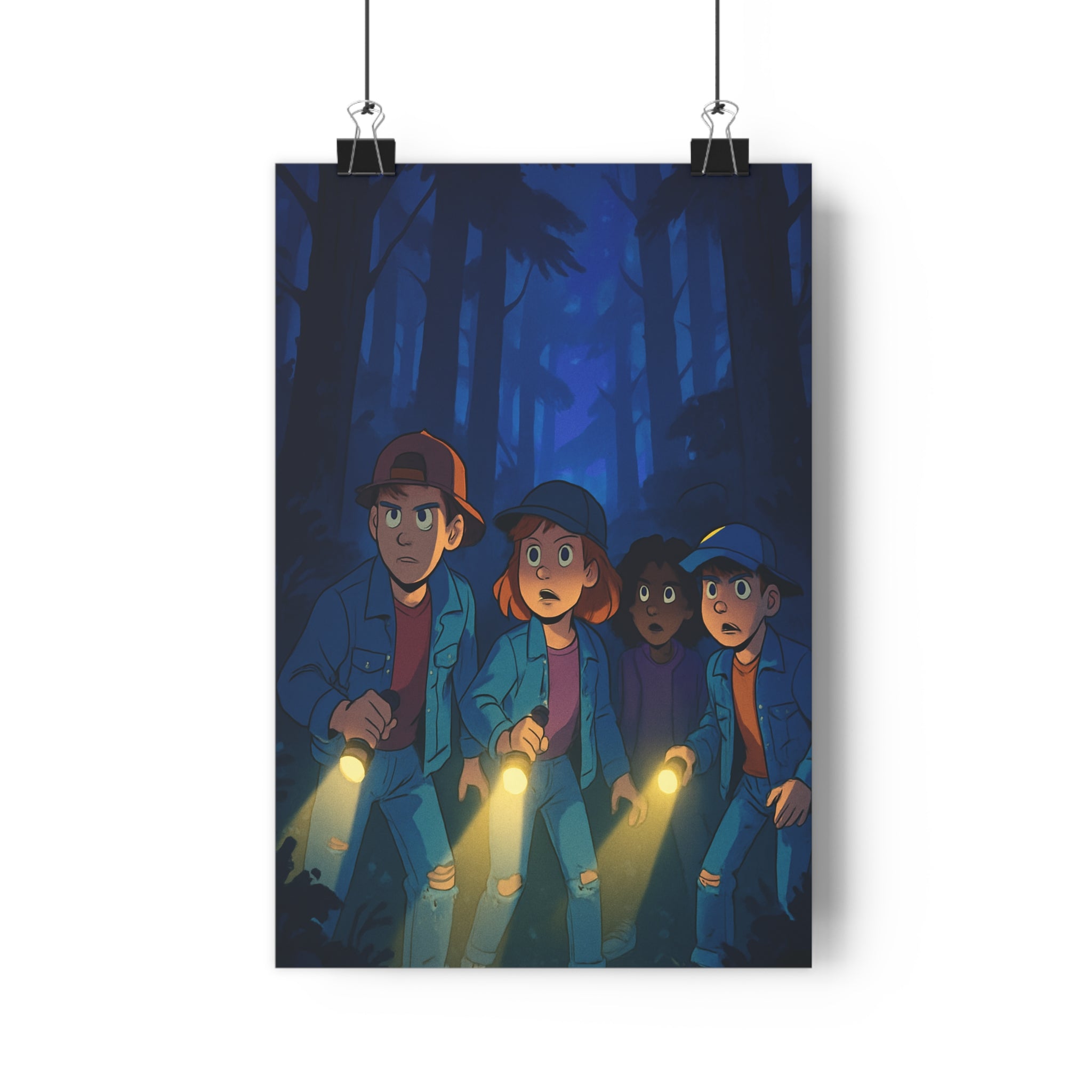 Poster décoratif cartoon années 90 aventuriers forêt sombre bleu mystère lueur lampe chambre ambiance