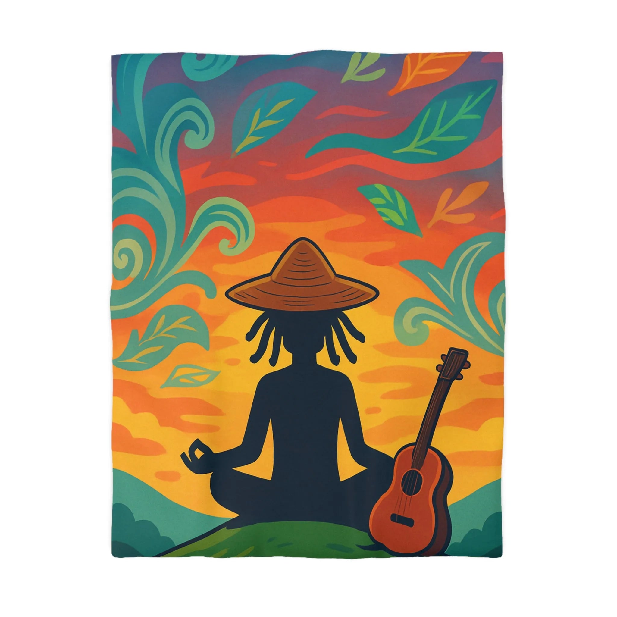 Housse de couette avec silhouette méditative et nature vibrante sous coucher de soleil coloré