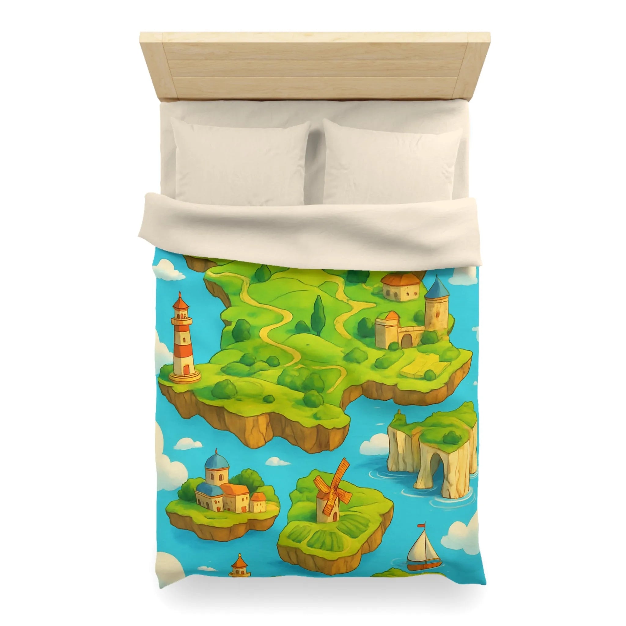 Housse de Couette Fantaisie Île Flottante Paysage Coloré Mer Moulins et Phare