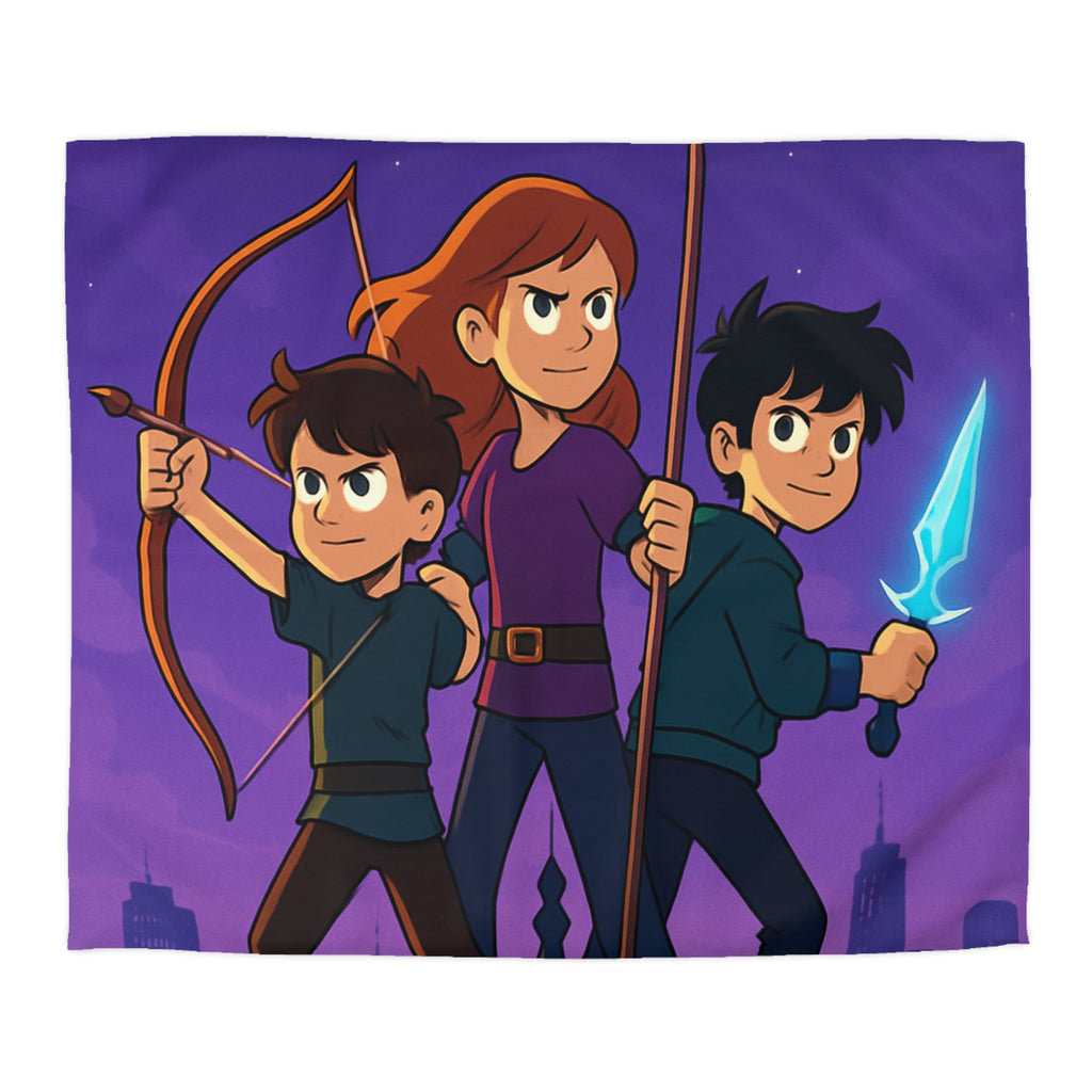 Housse de couette urbaine illustrée, ambiance aventure mystique avec enfants et armes