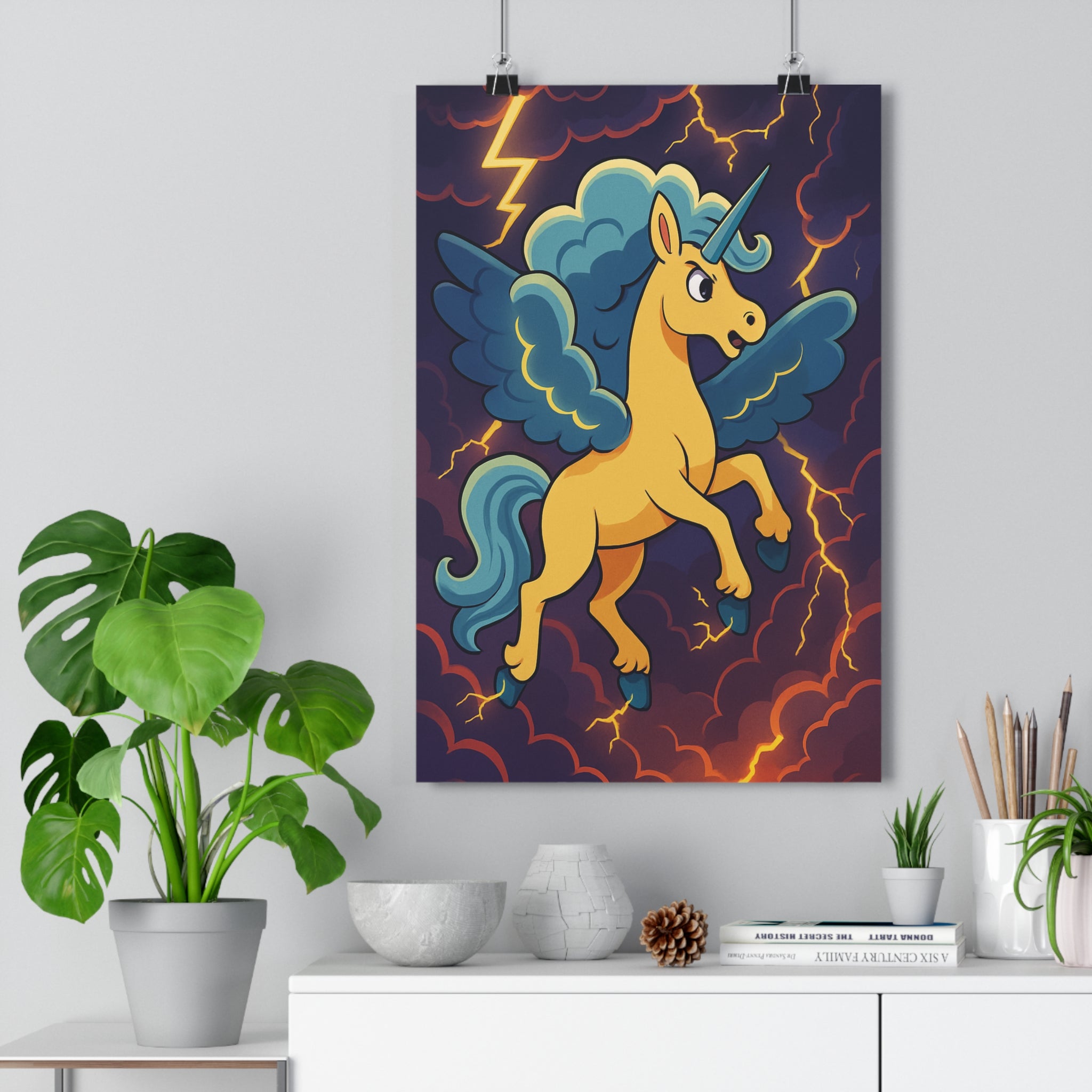 Poster décoratif licorne bleu orage mystique aventure chambre enfant art créatif vibrant captivant 30x46