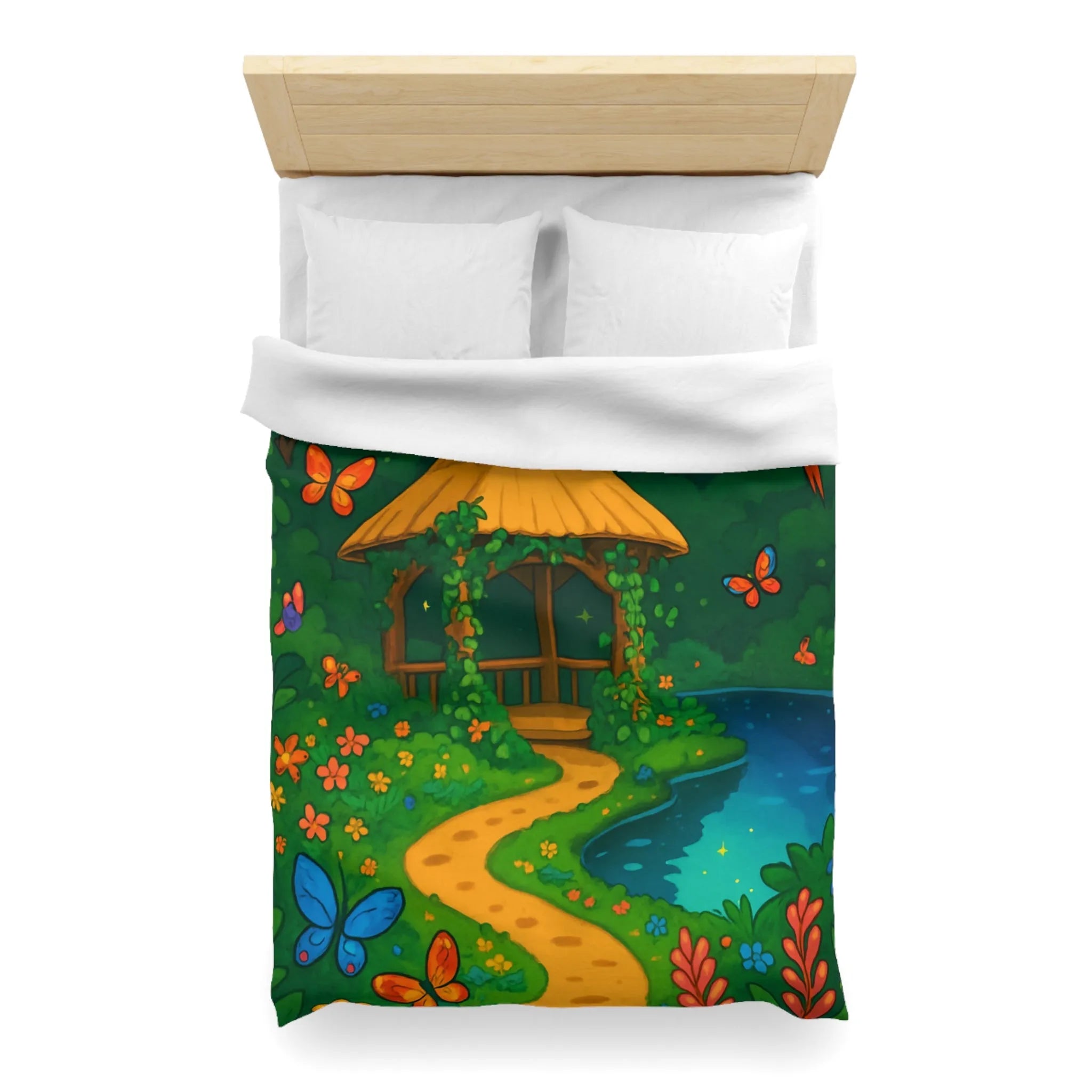 Housse de Couette Illustrée, Forêt Tropicale Nocturne avec Oiseaux et Papillons Colorés