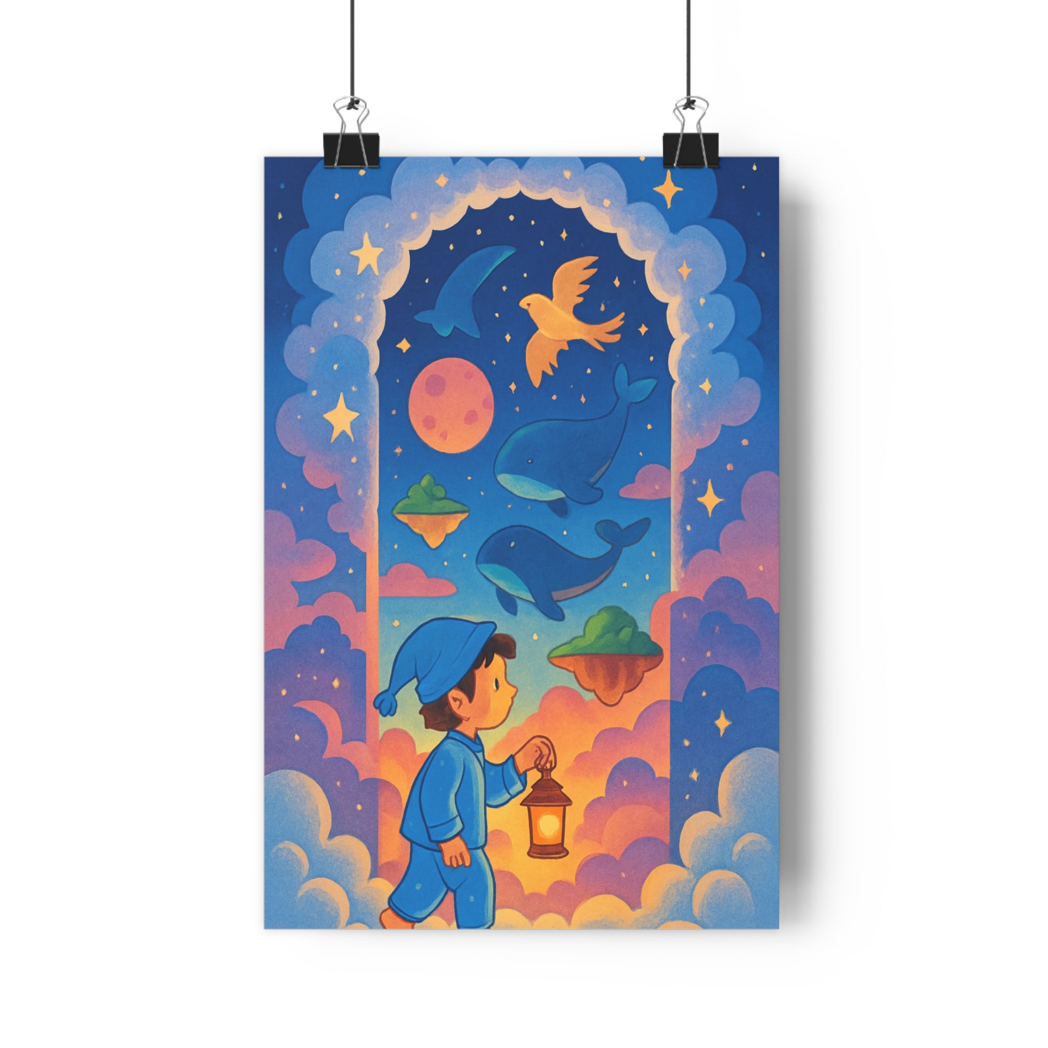 Poster décoratif enfant rêveur magique nuages lune bleu rose jaune chambre 30x46 cm rêve