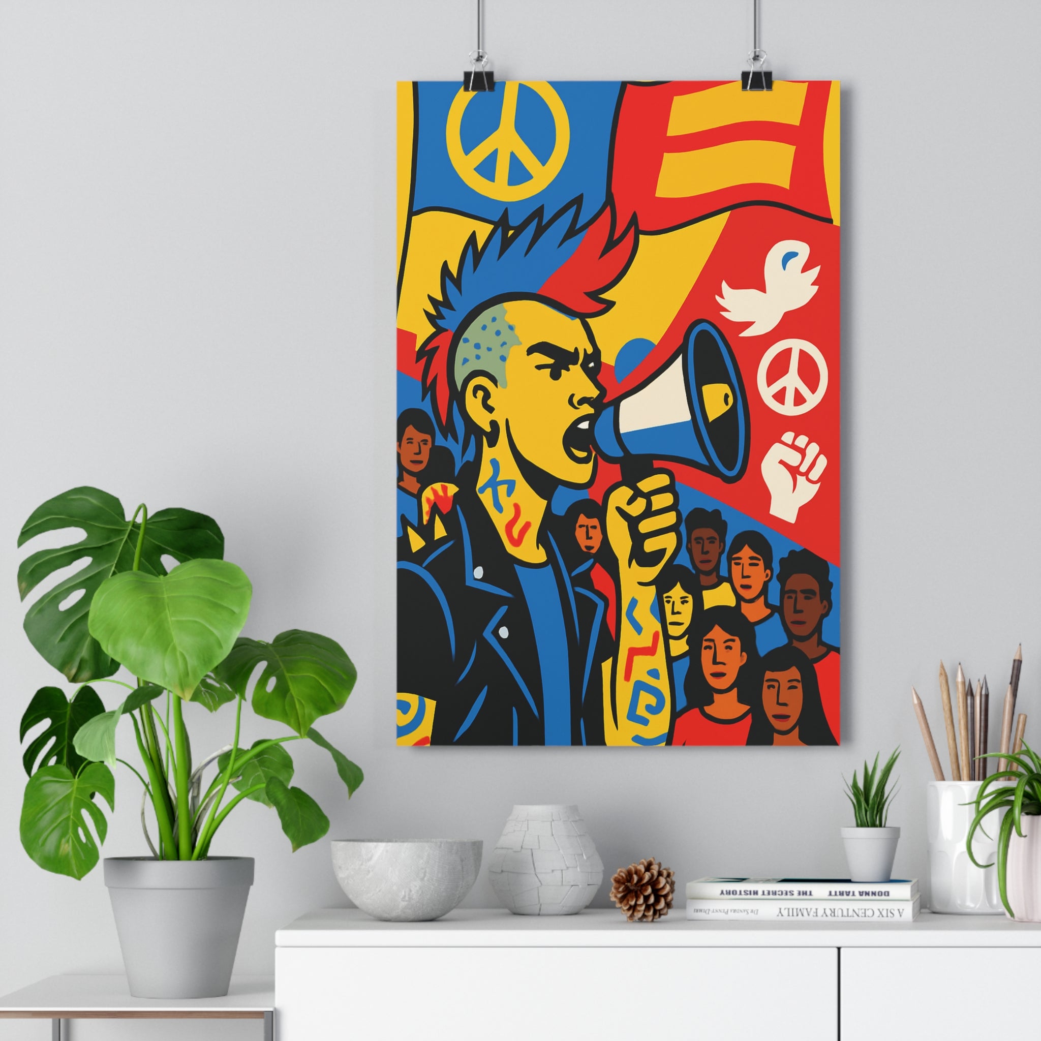 Poster décoratif rebelle graphique jaune rouge bleu cartoon énergique salon chambre bureau art moderne