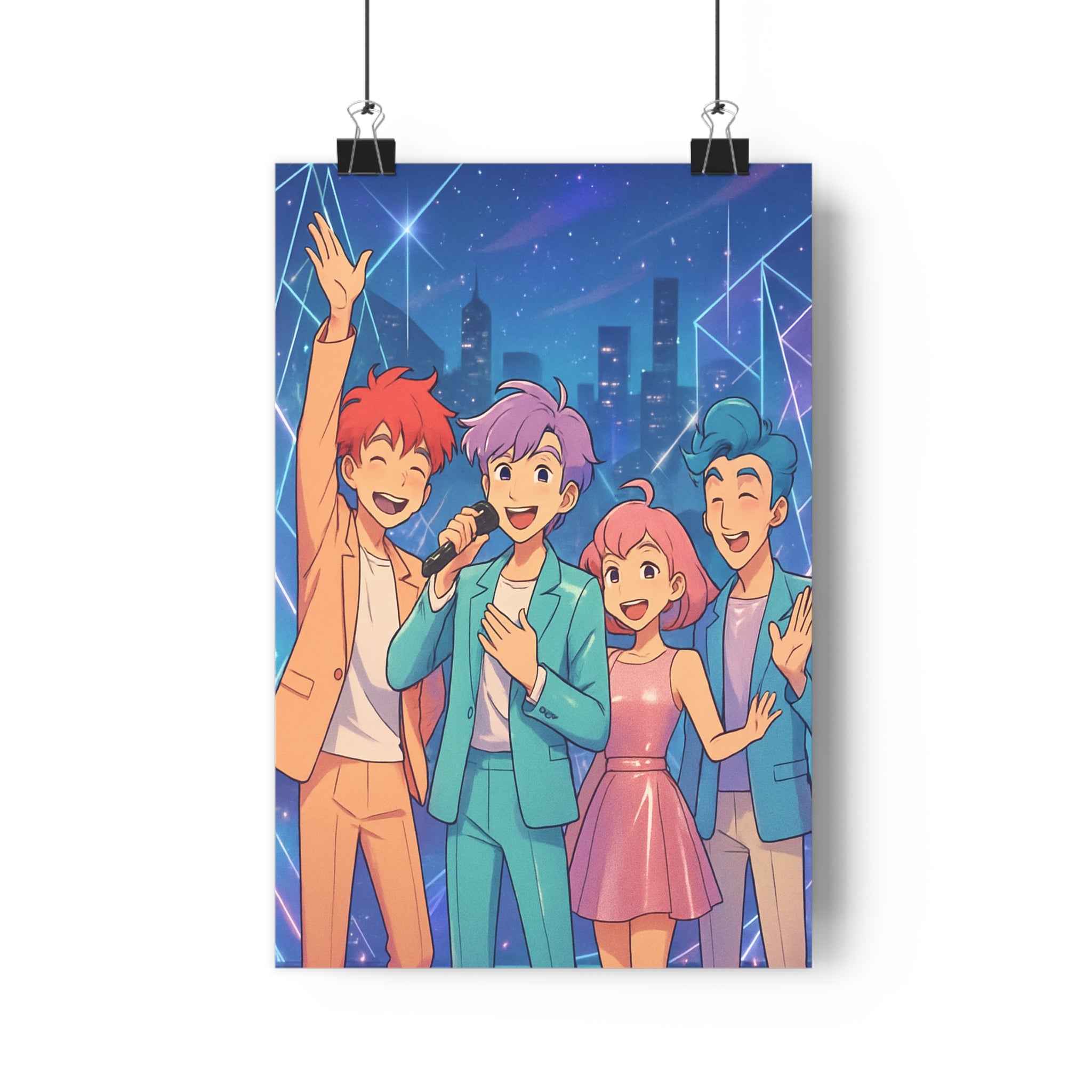 Poster décoratif cartoon anime bleu rose orange joyeux chambre salon moderne dynamique 30x46 ambiance