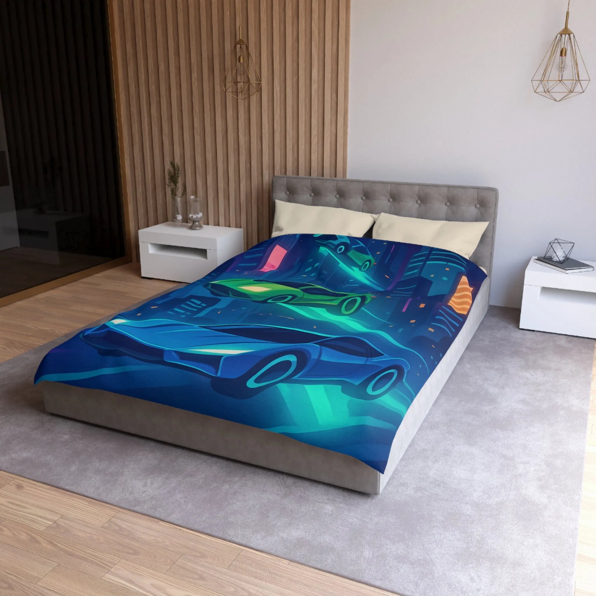 Découvrez des voitures futuristes illuminées flottant dans un ciel urbain nocturne vibrant