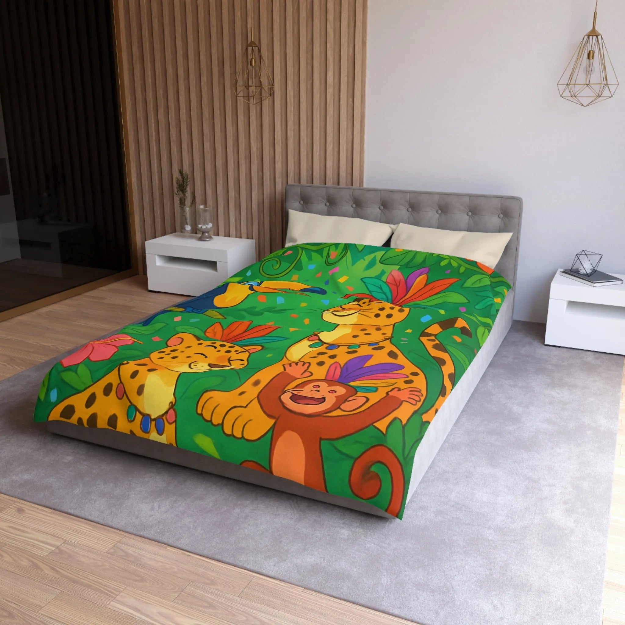 Housse de couette colorée avec animaux exotiques, motif jungle joyeux pour chambre enfant