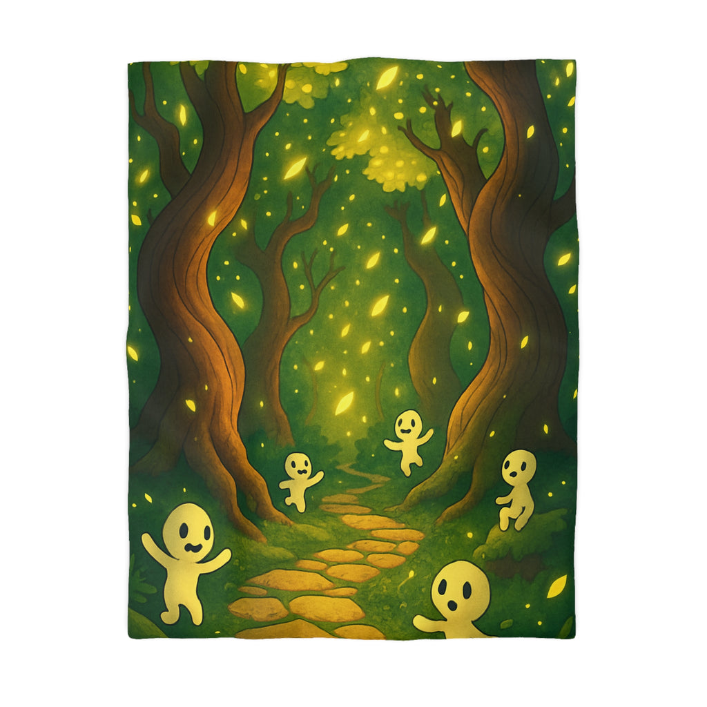 Housse de couette motif forêt magique avec créatures lumineuses ambiance apaisante