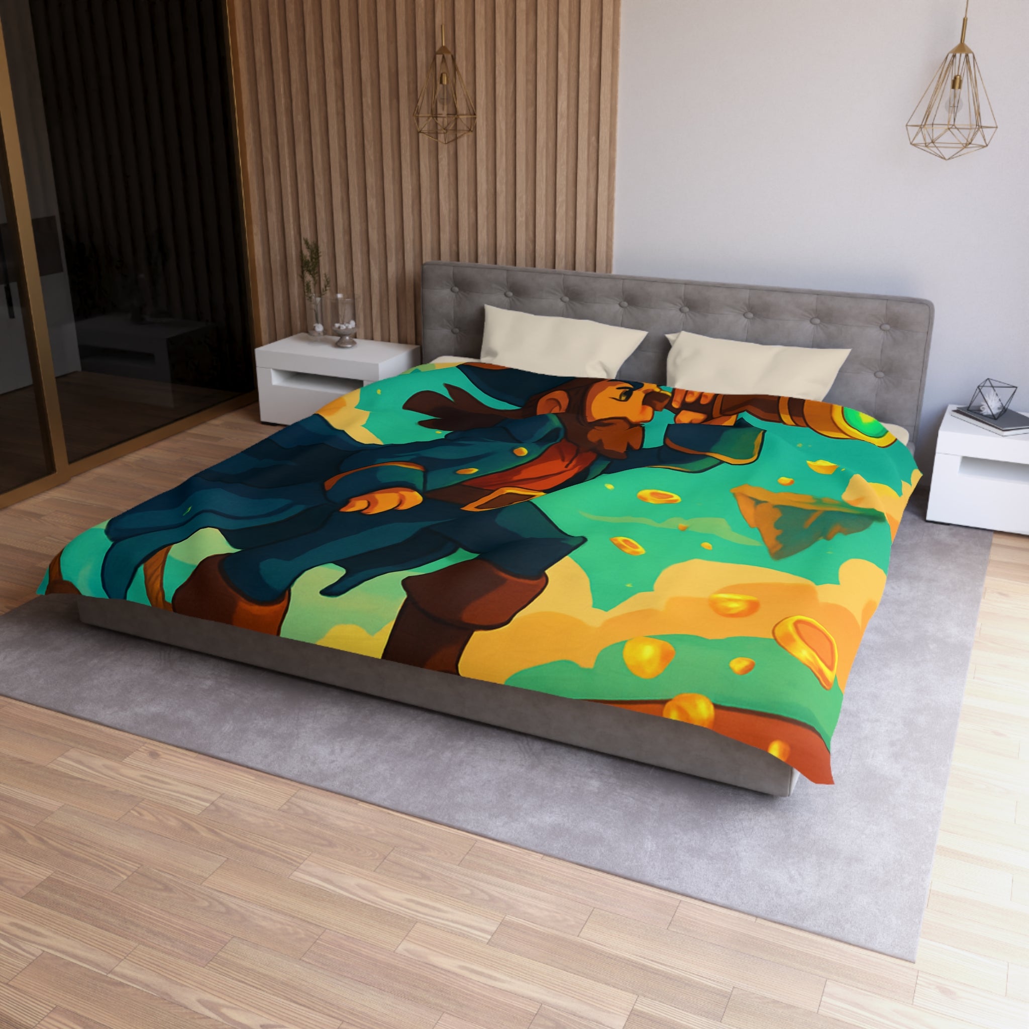 Housse de couette pirate vibrant bleu avec trésor doré et nuages flottants