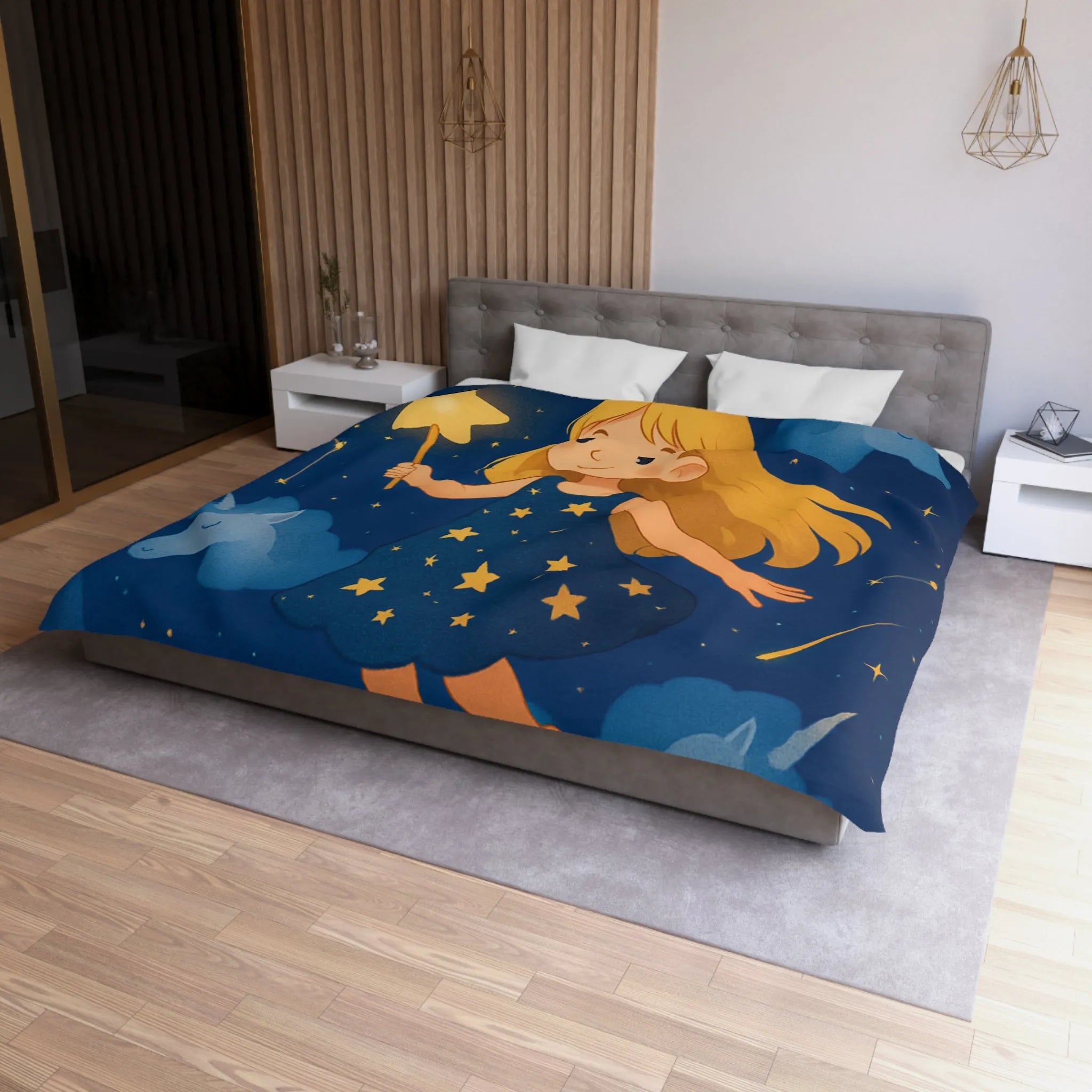 Housse de couette enfant étoiles magique avec licornes pour chambre de rêve céleste