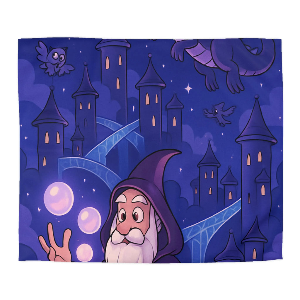Housse de couette magique avec dragon violet, hiboux et sorcier devant château
