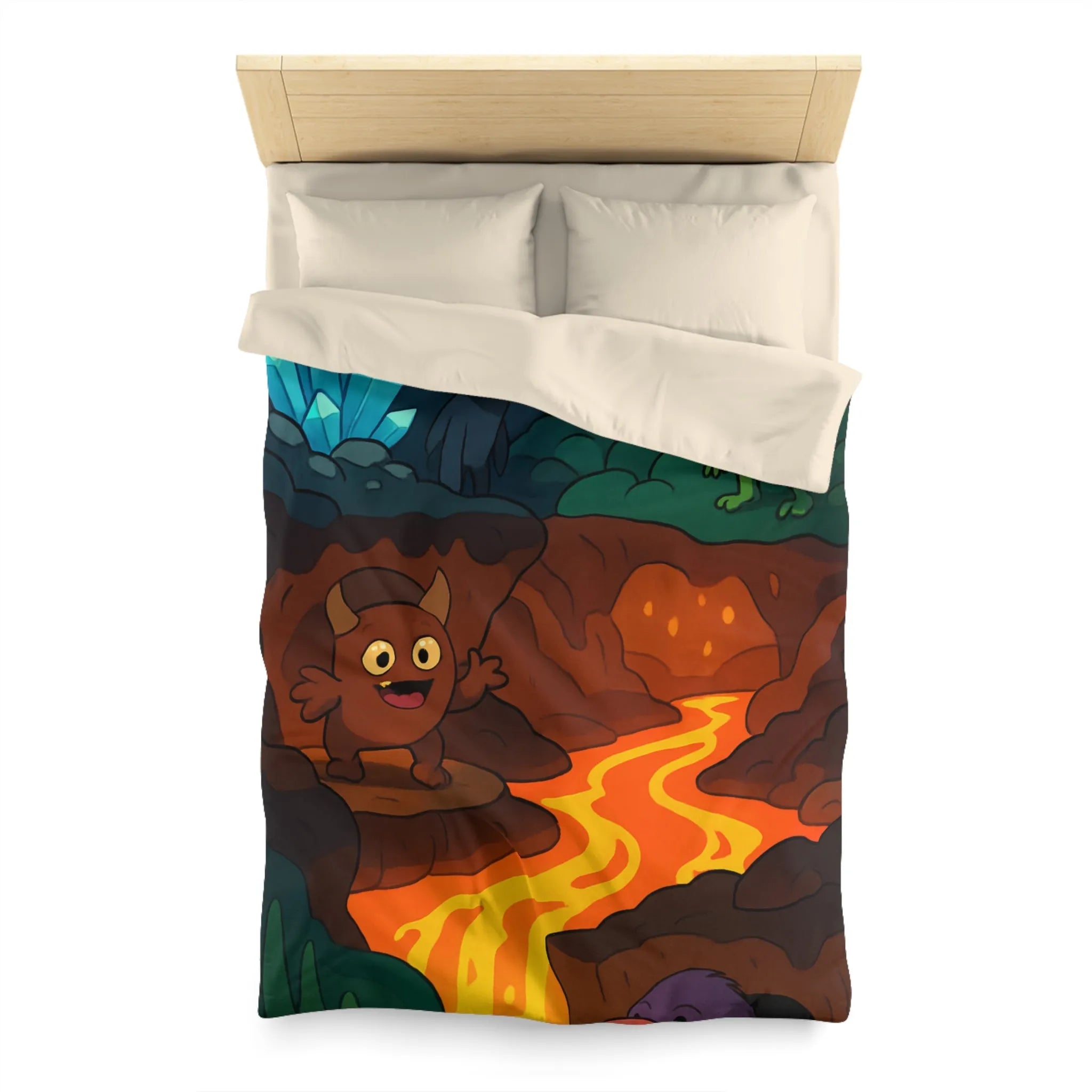 Housse de Couette Enfant Paradis Souterrain Magique avec Créatures Mystiques et Cristaux Lumineux