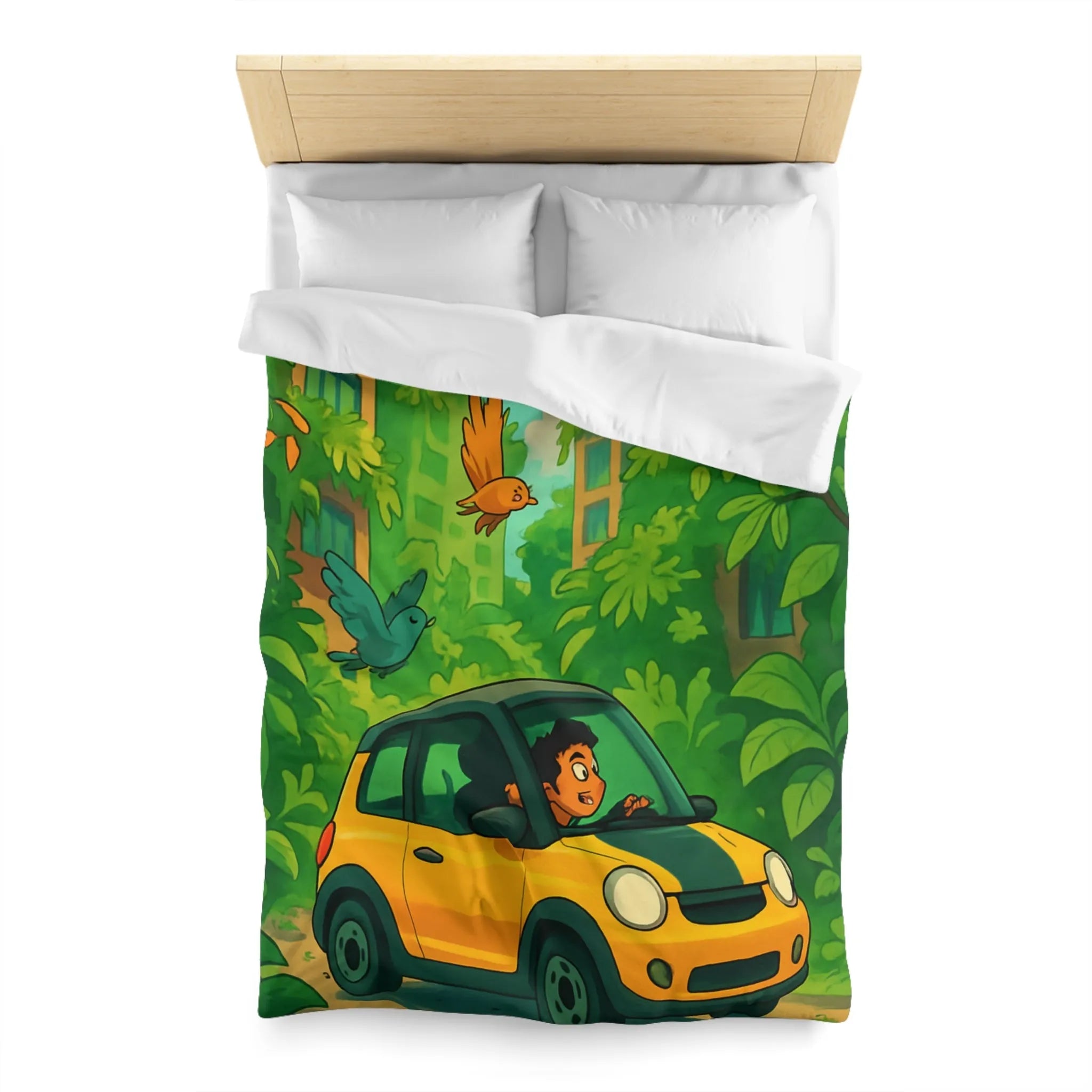 Housse de couette colorée avec voiture jaune et jungle luxuriante pour enfants aventureux