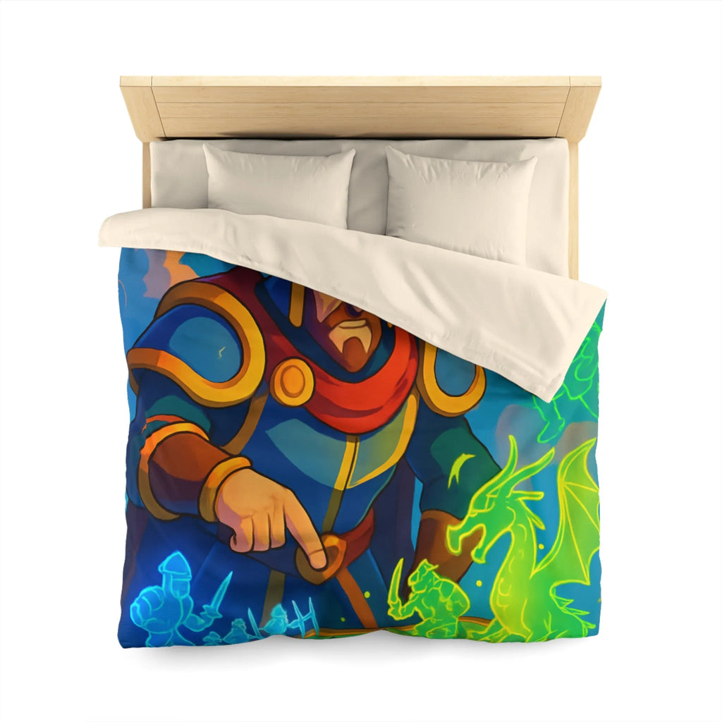 Housse de couette épique guerriers médiévaux et dragon sur plateau de jeu fantastique