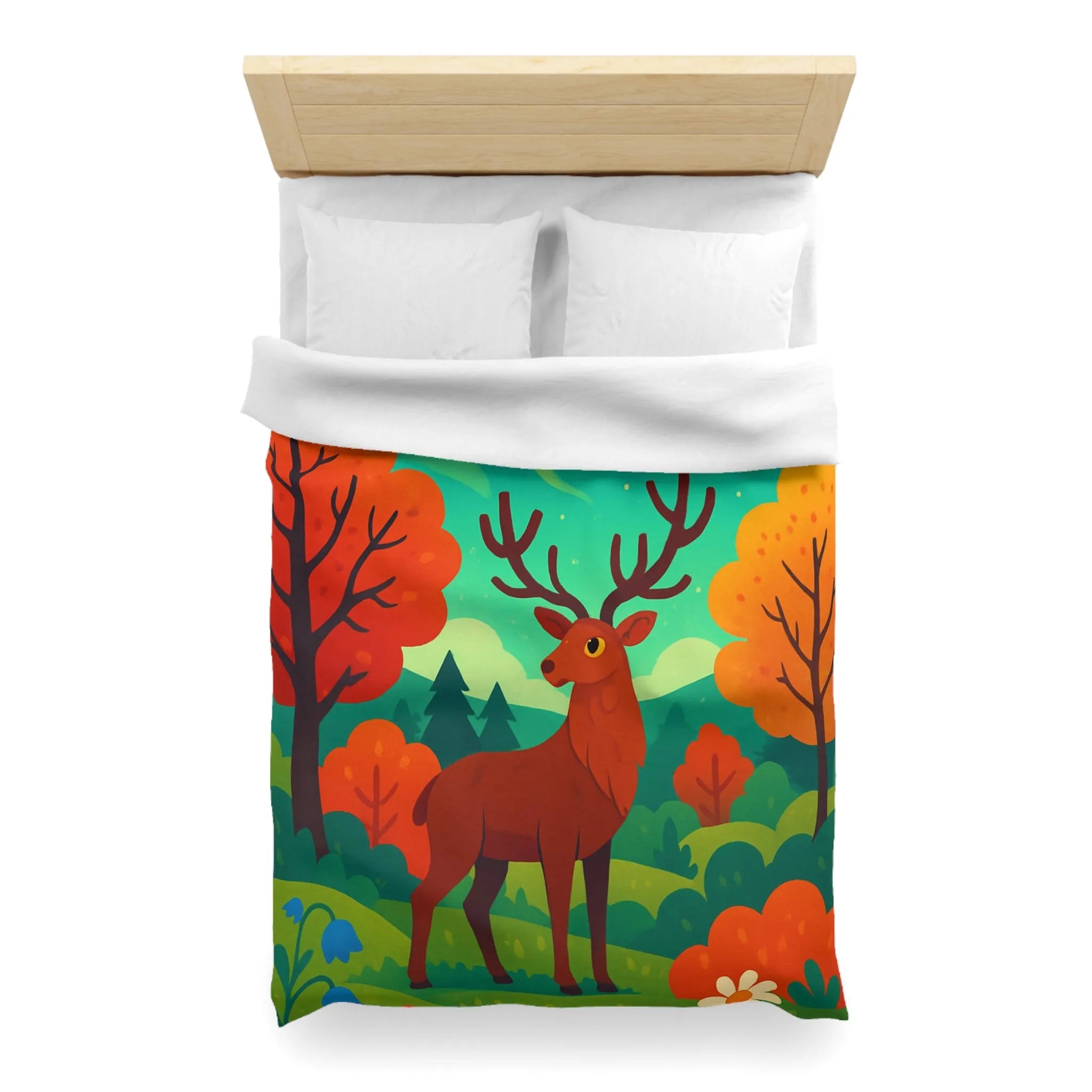 Housse de Couette Illustrée : Cerf Enchanté et Aurore Boréale dans Forêt Féérique