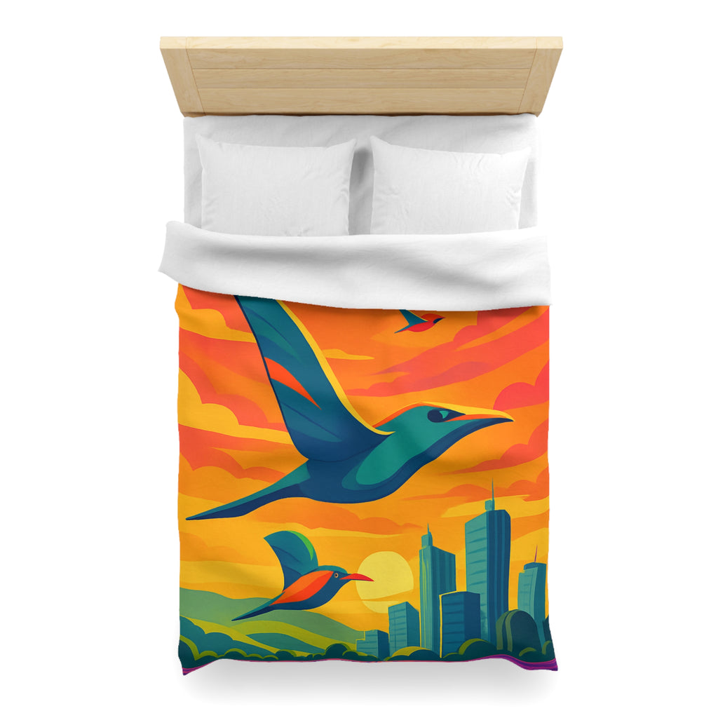 Housse de Couette Vibrante avec Oiseaux Volant au-dessus Champs et Ville au Crépuscule