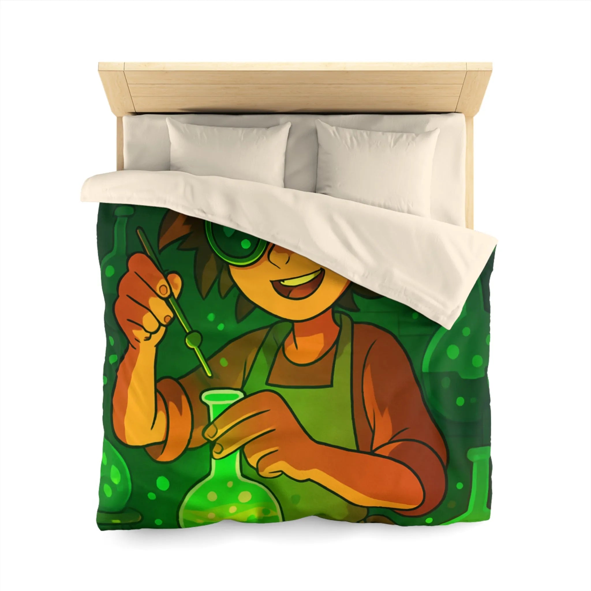 Housse de couette colorée avec un jeune chimiste dans un laboratoire mystérieux et magique