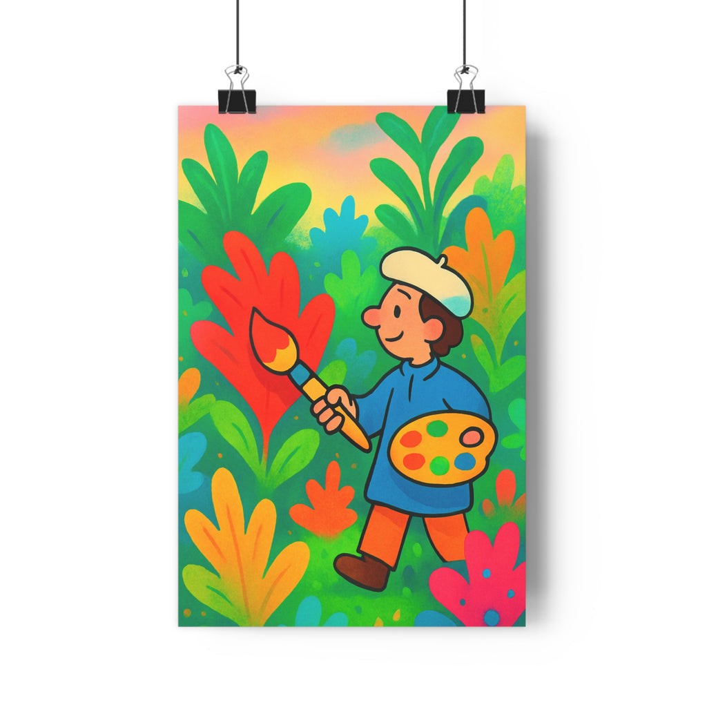 Poster décoratif jardin coloré rouge vert bleu cartoon joyeux enfant salon chambre vibrant design