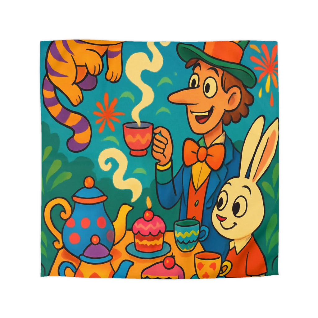 Housse de couette colorée avec scène de thé joyeuse inspirée d'un conte fantaisiste