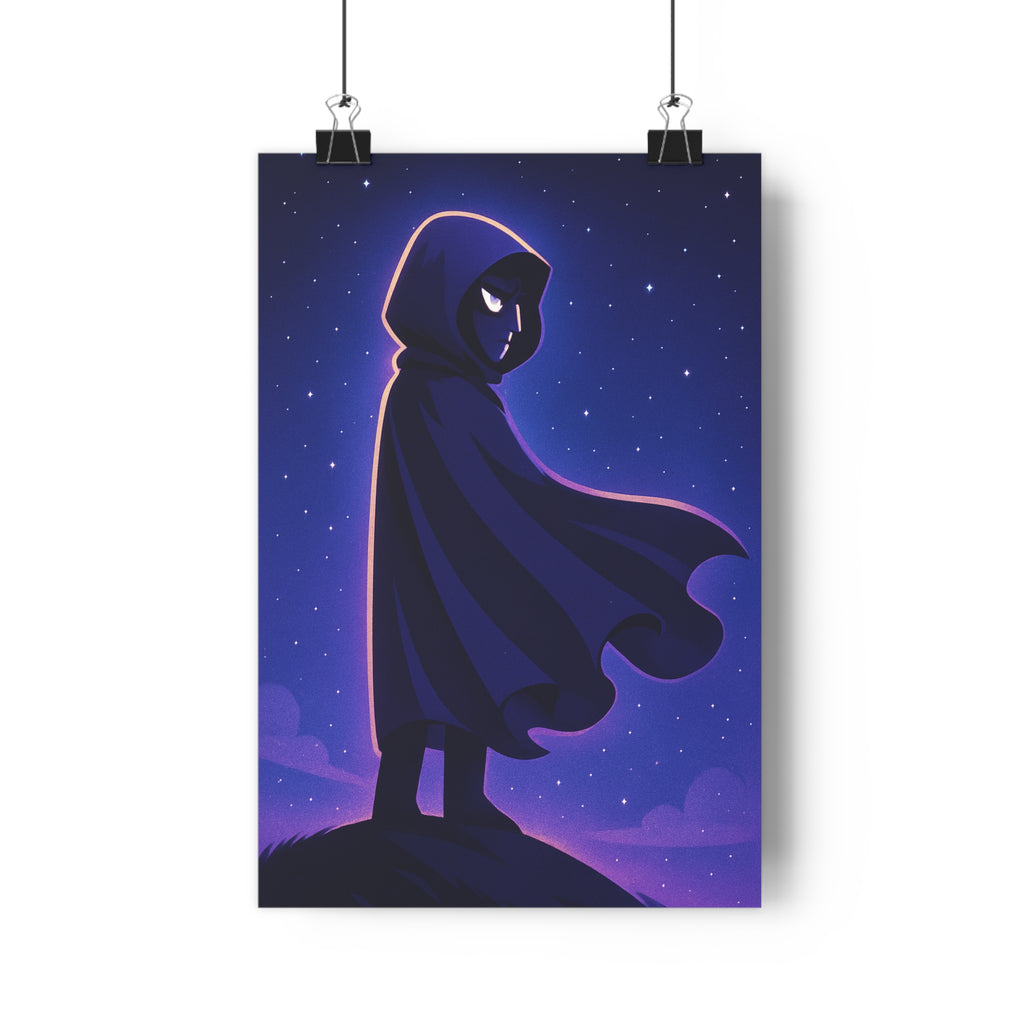 Poster décoratif silhouette mystérieuse cape ciel étoilé bleu violet cartoon mystique 30x46 cm sérénité