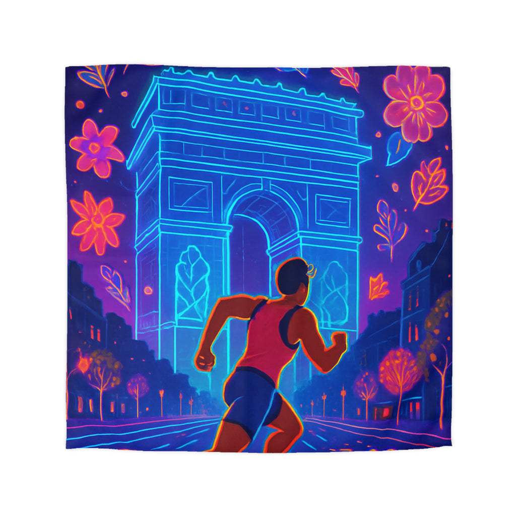 Housse de Couette Vibrante : Coureur Devant Monuments et Fleurs Scintillantes de Paris