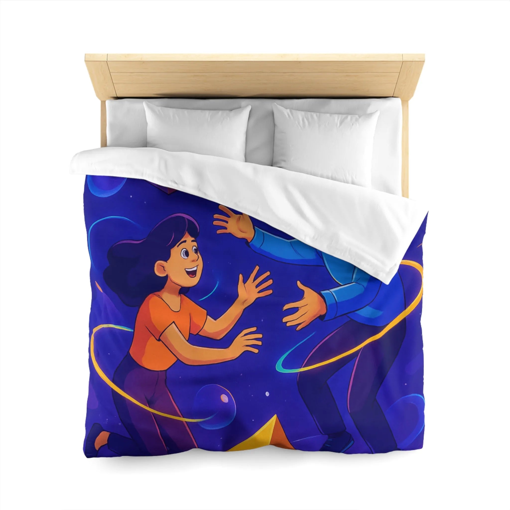 Housse de Couette Design Géométrique Magnifique avec Personnages Colorés et Éléments Spatiaux Vibrants