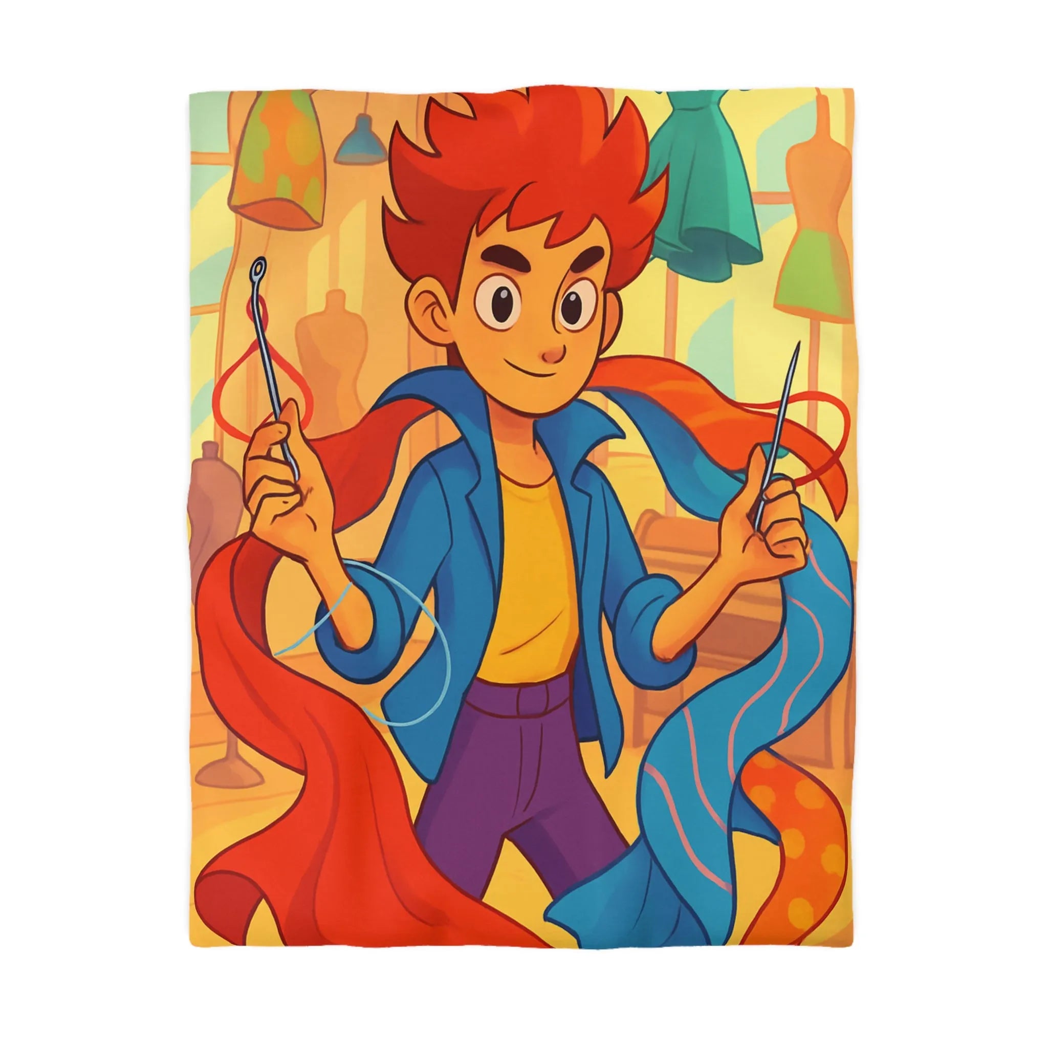 Housse de Couette Enchantée : Jeune Créateur Audacieux Avec Aiguilles, Tissus Colorés, Arrière-Boutique