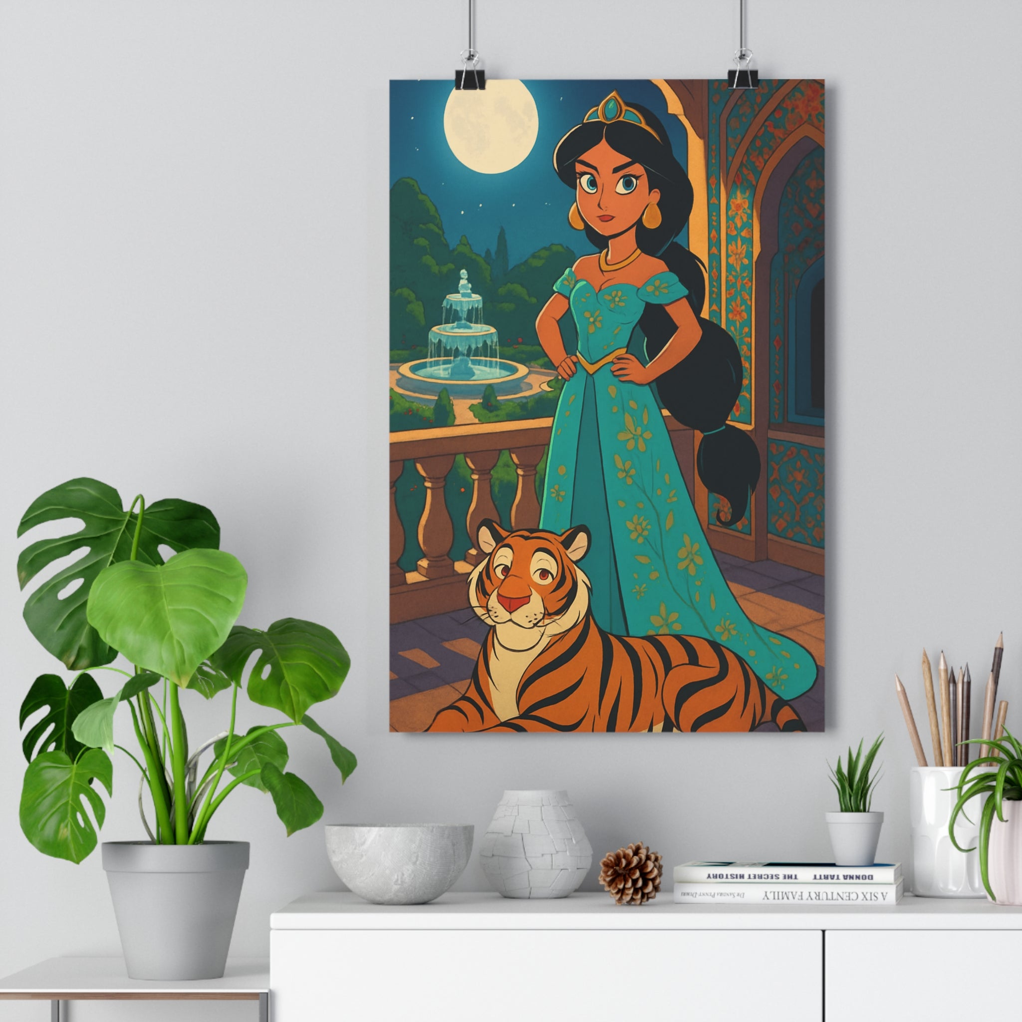Poster décoratif scène orientale turquoise mystique salon chambre art exotique lumineux élégant tigre balcon