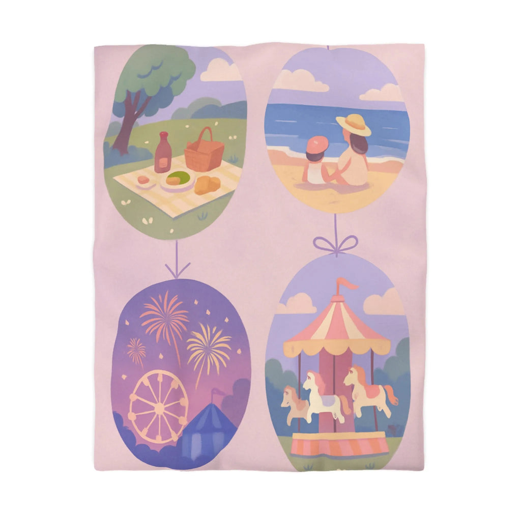 Douce Housse de Couette avec Scènes de Nature et Loisir Pastel Évoquant Sérénité