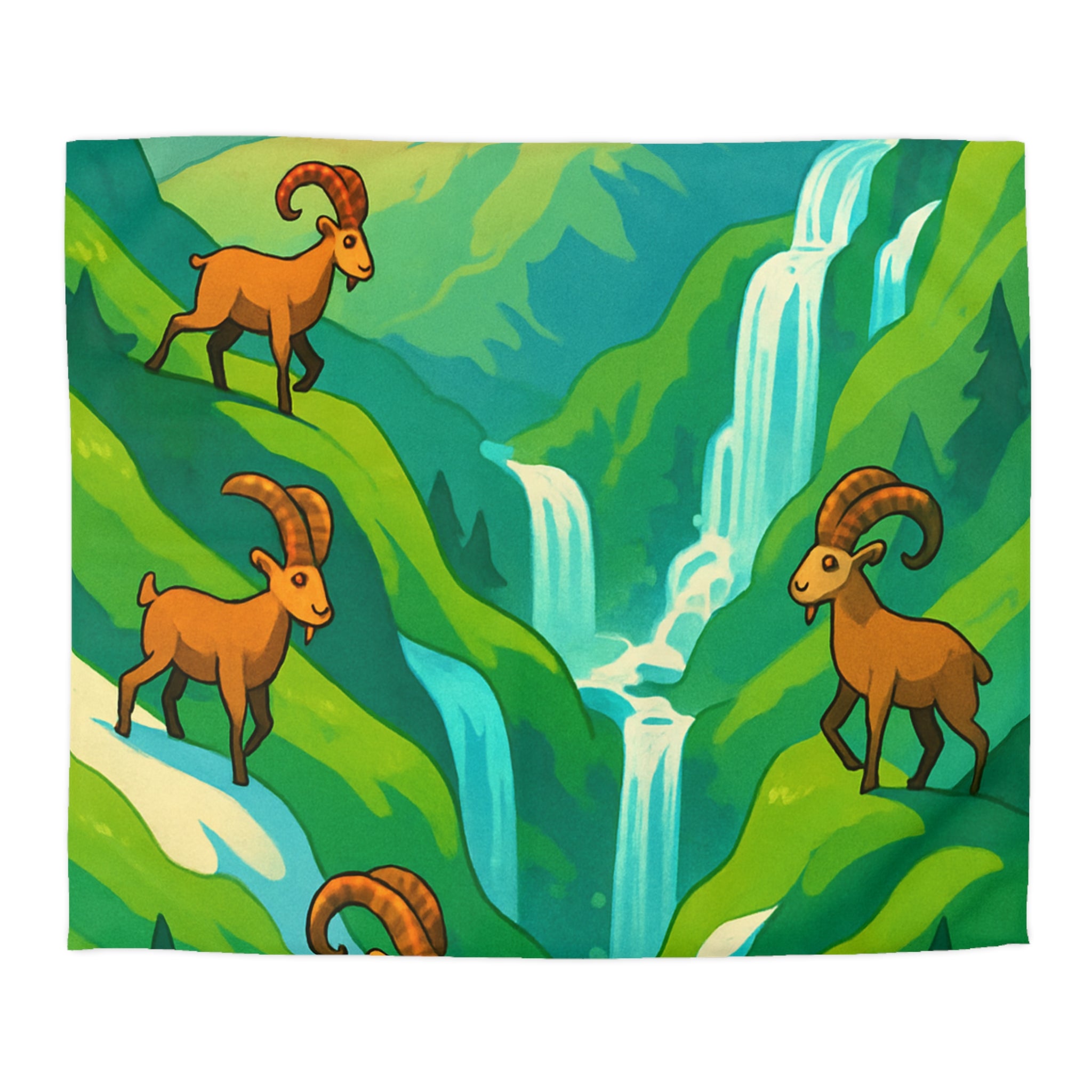 Housse de couette montagneuse avec bouquetins et cascades pour chambre paisible