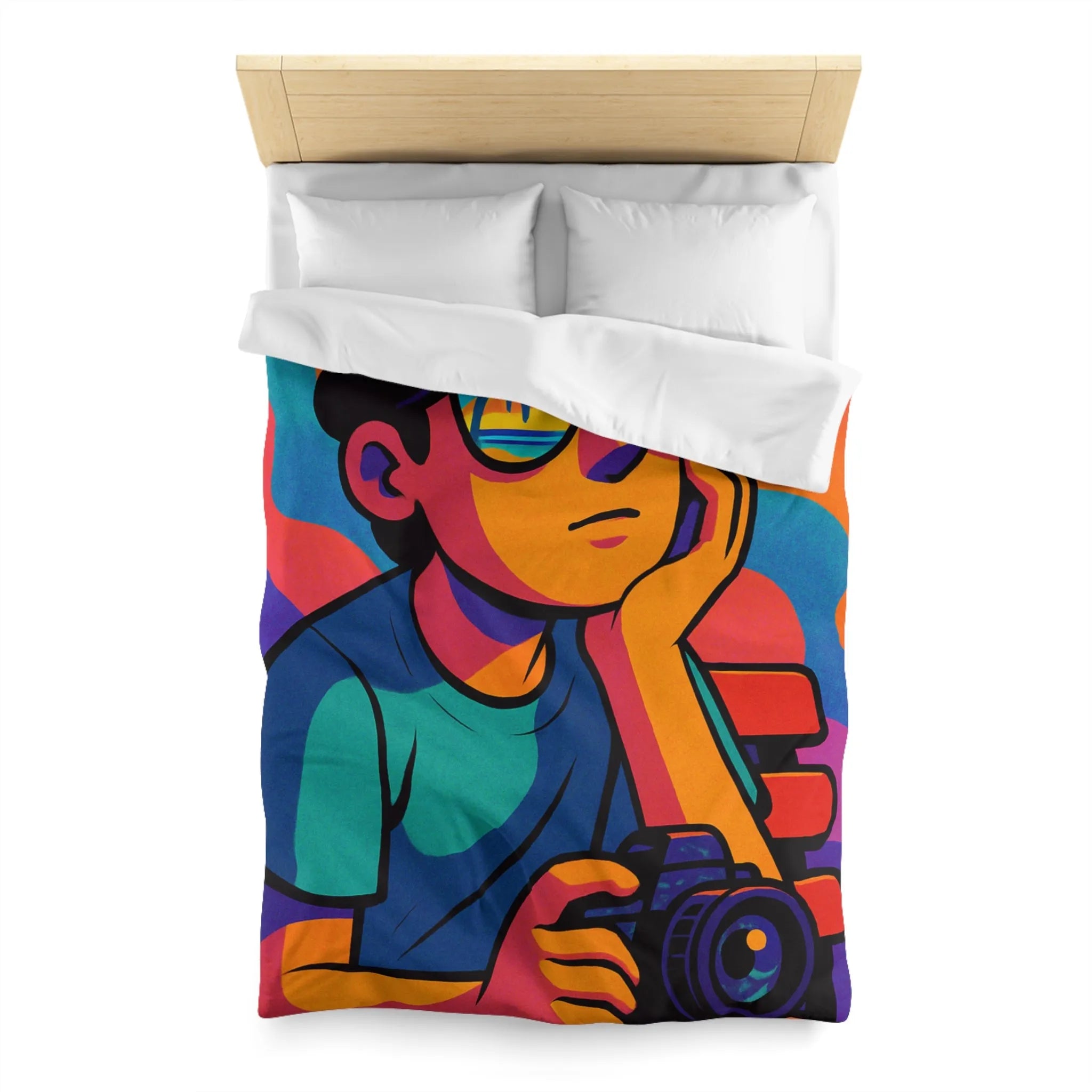 Housse de couette animée jeune rêveur lunettes de soleil et appareil photo colorés