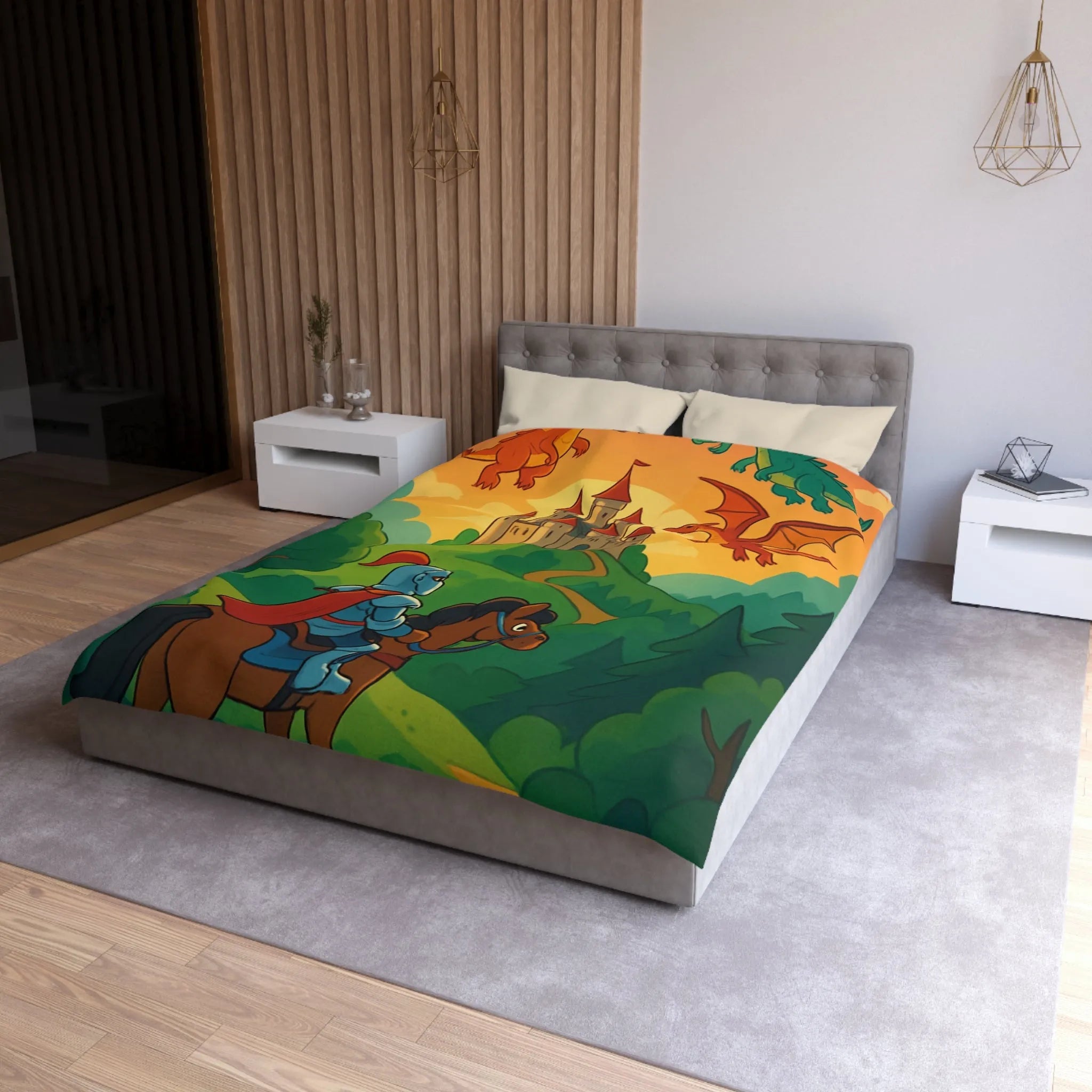Housse de couette chevalier et dragons colorés pour chambre enfant thème aventure magique