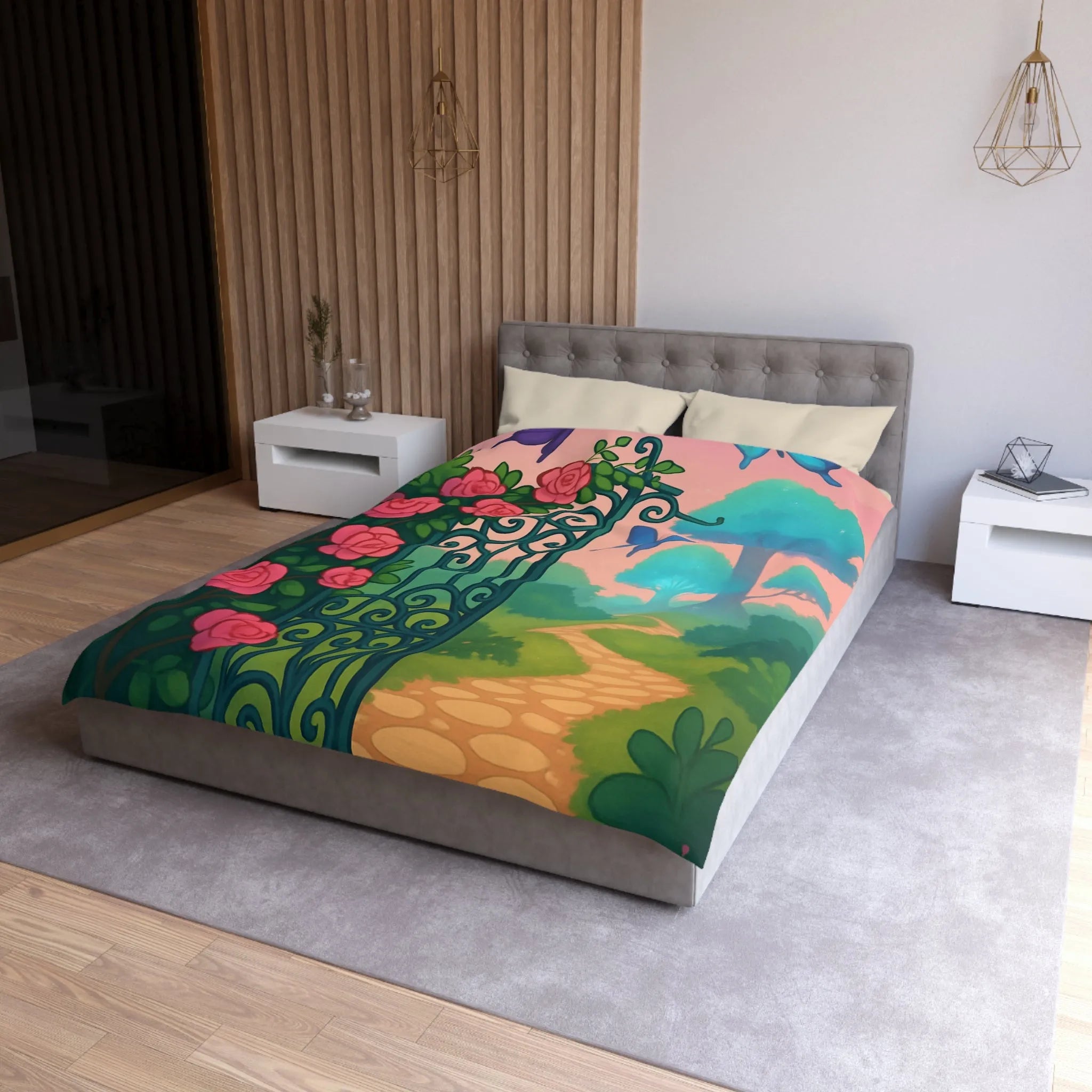 Belle housse de couette féerique avec portail fleuri et papillons colorés, jardins enchanteurs