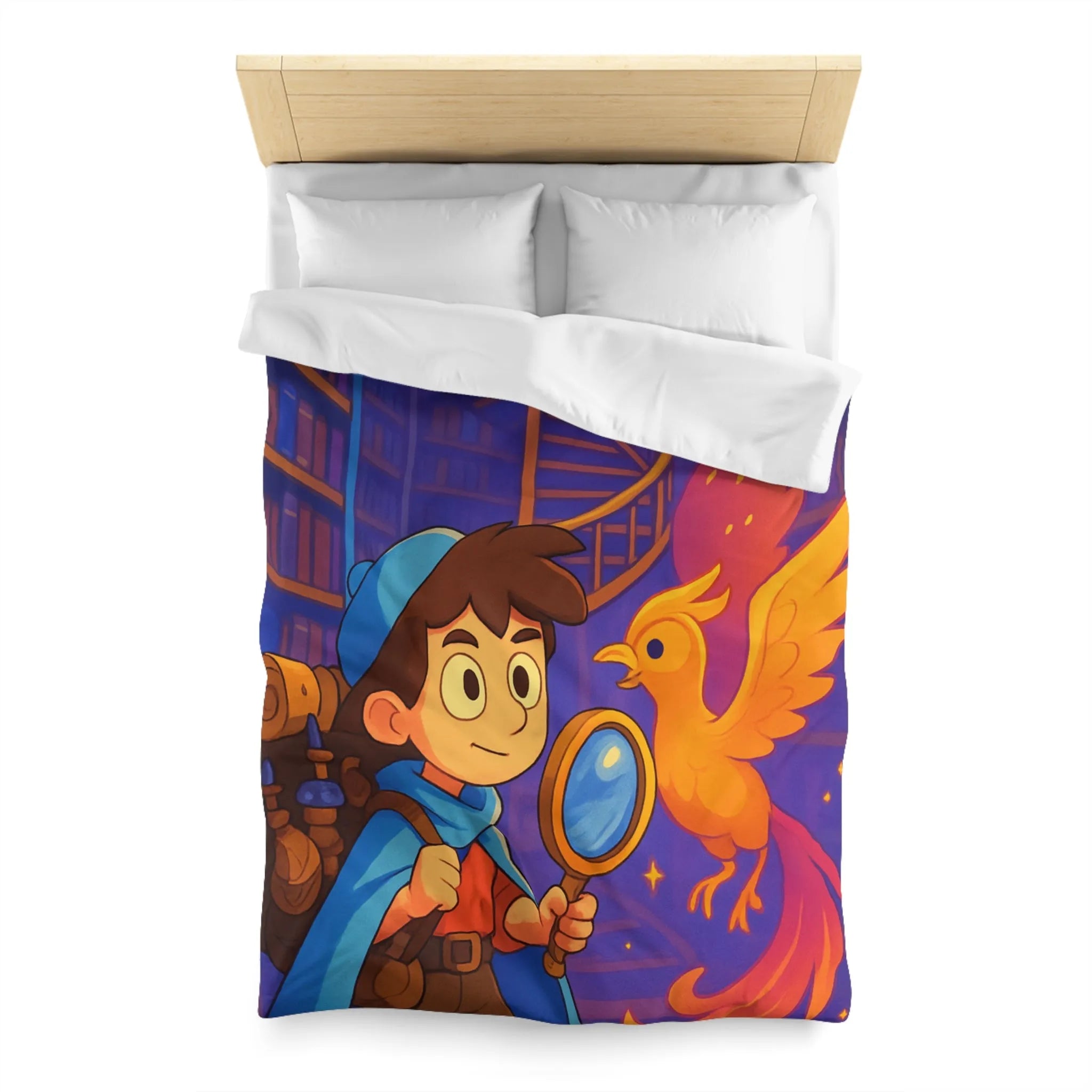 Housse de couette magique avec détective et phénix dans une bibliothèque enchanteresse