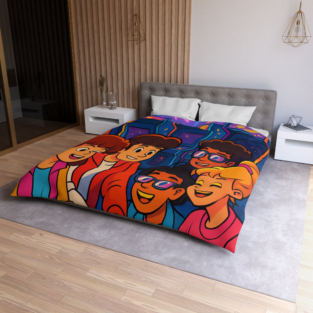 Housse de couette vibrante années 80 avec motifs arcades et ambiance rétro lumineuse