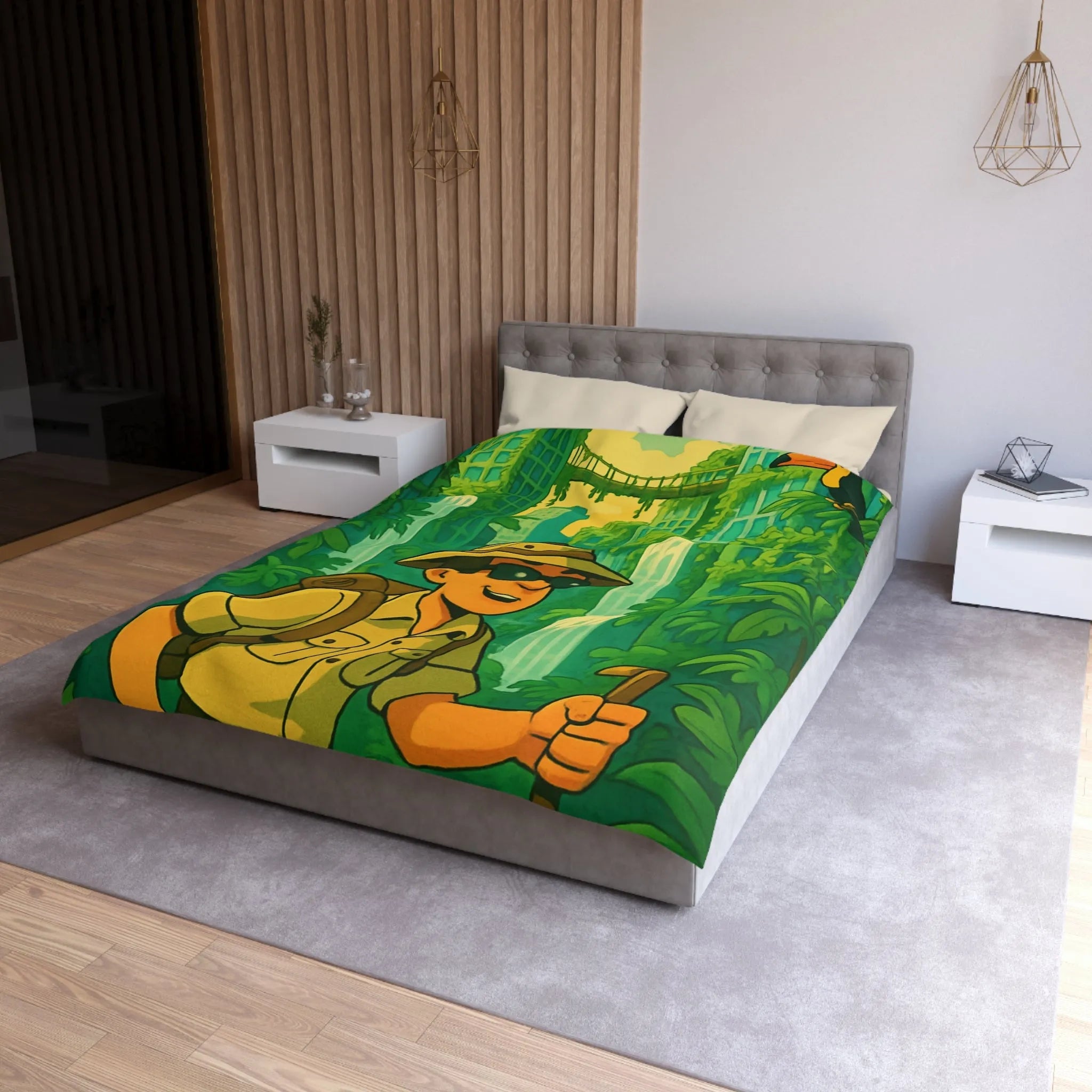 Housse de Couette Aventure Tropicale Multicolore avec Explorateur et Faune Luxuriante