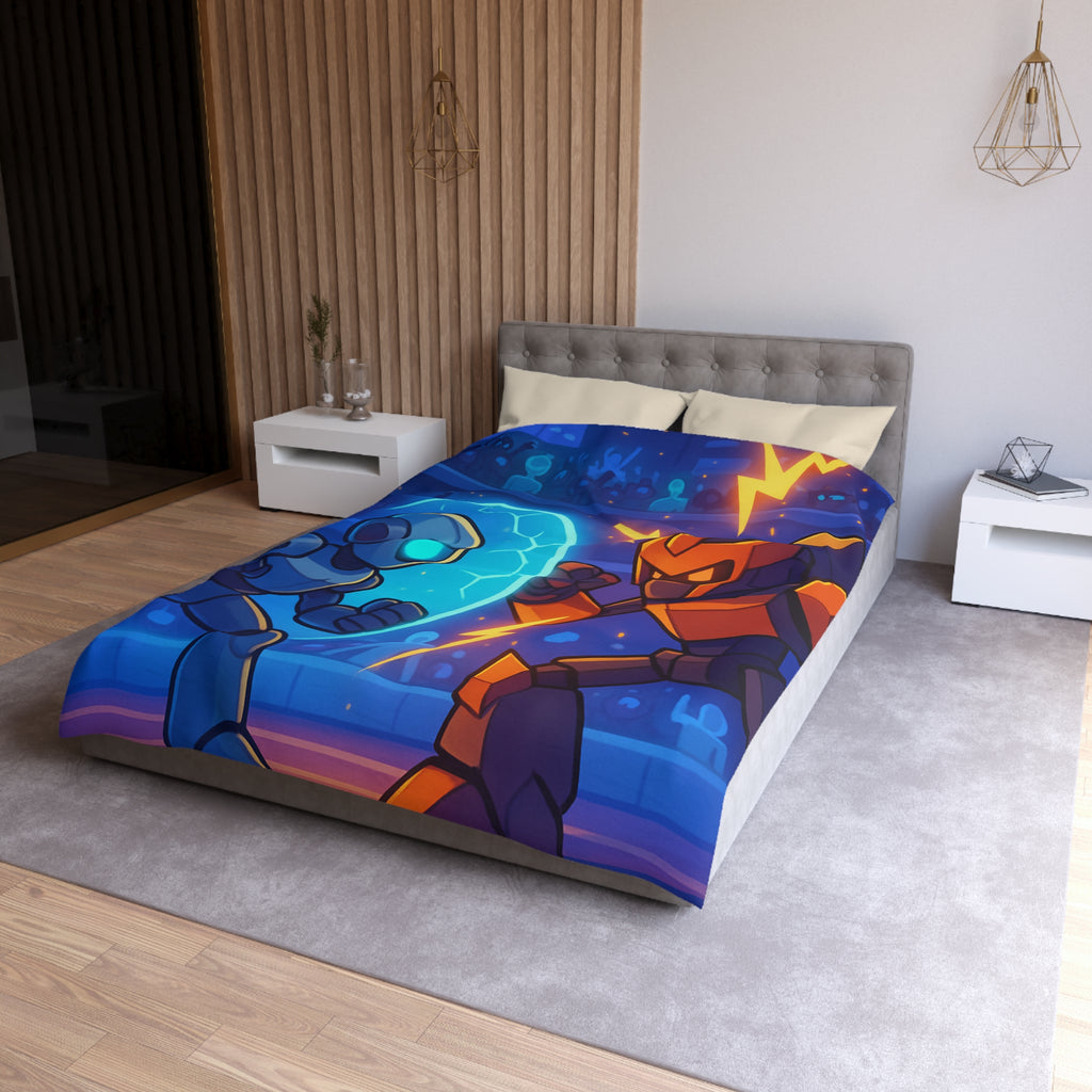 "Housse de couette avec robots futuristes en duel, éclairs et énergie dans l'arène"