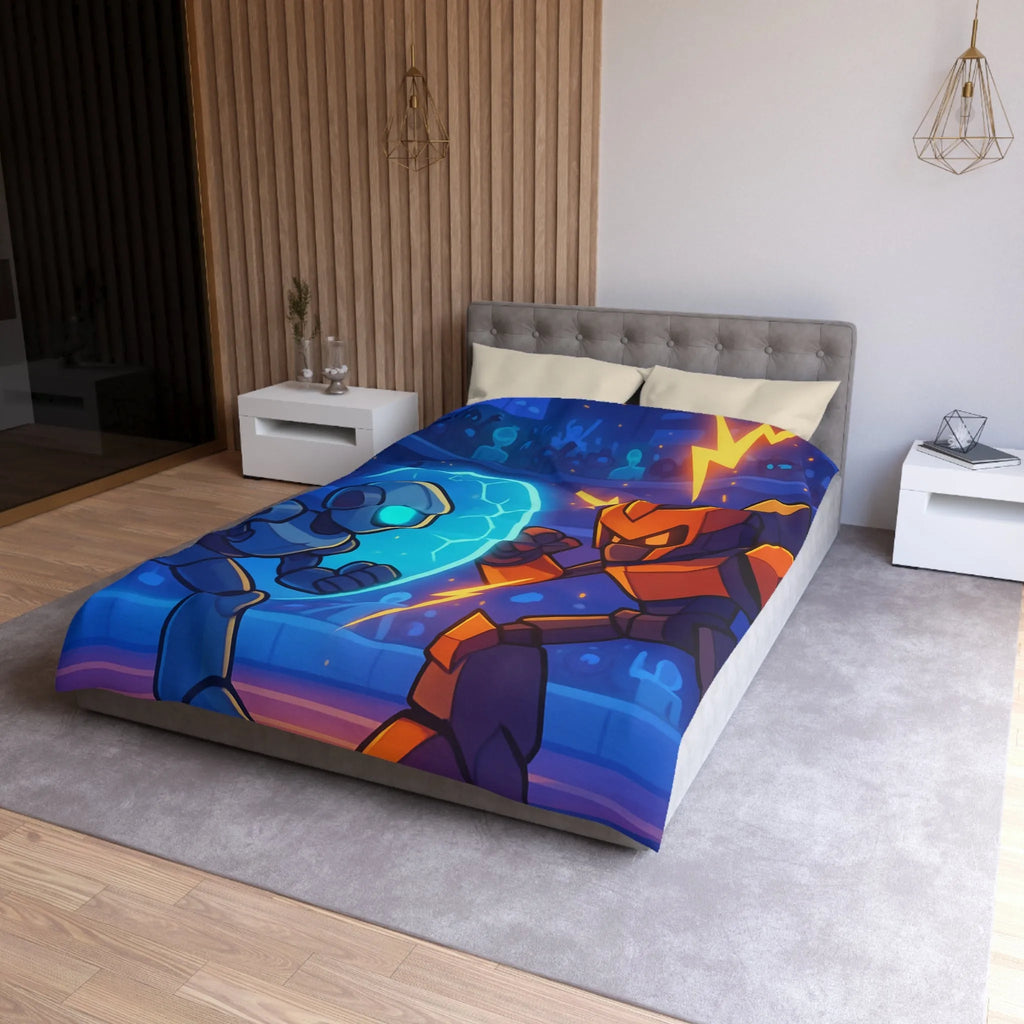 Housse de couette avec robots futuristes en duel, éclairs et énergie dans l'arène