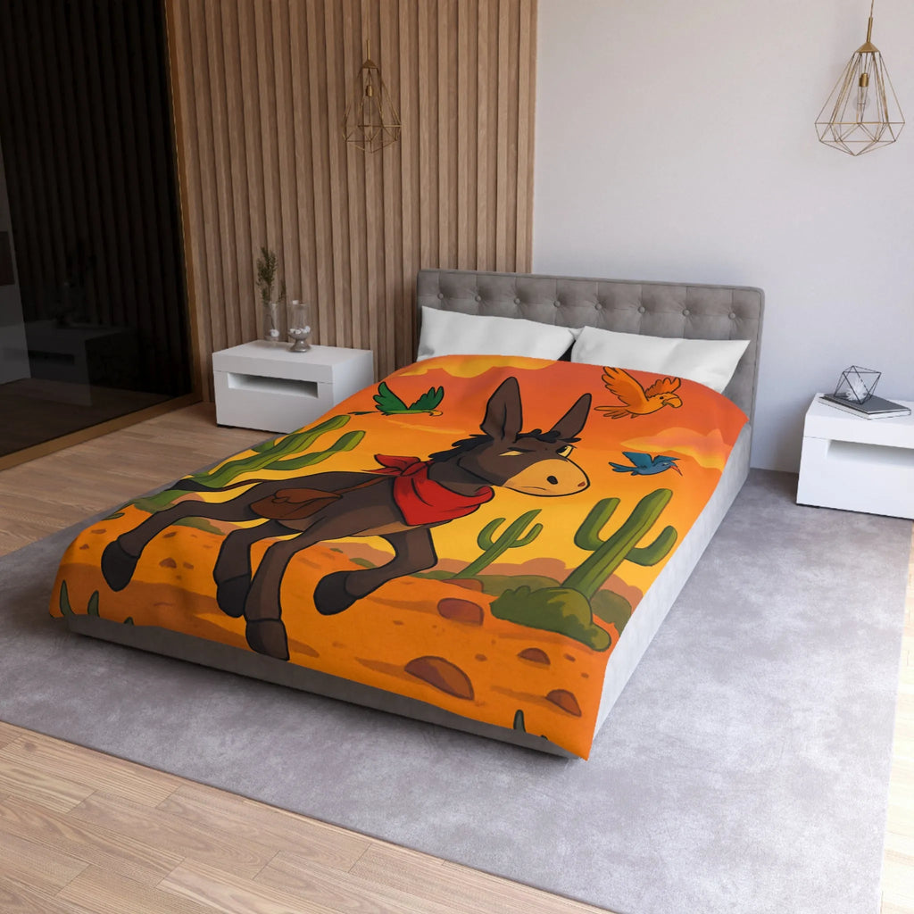 Housse de couette avec âne mignon et oiseaux colorés en désert animé