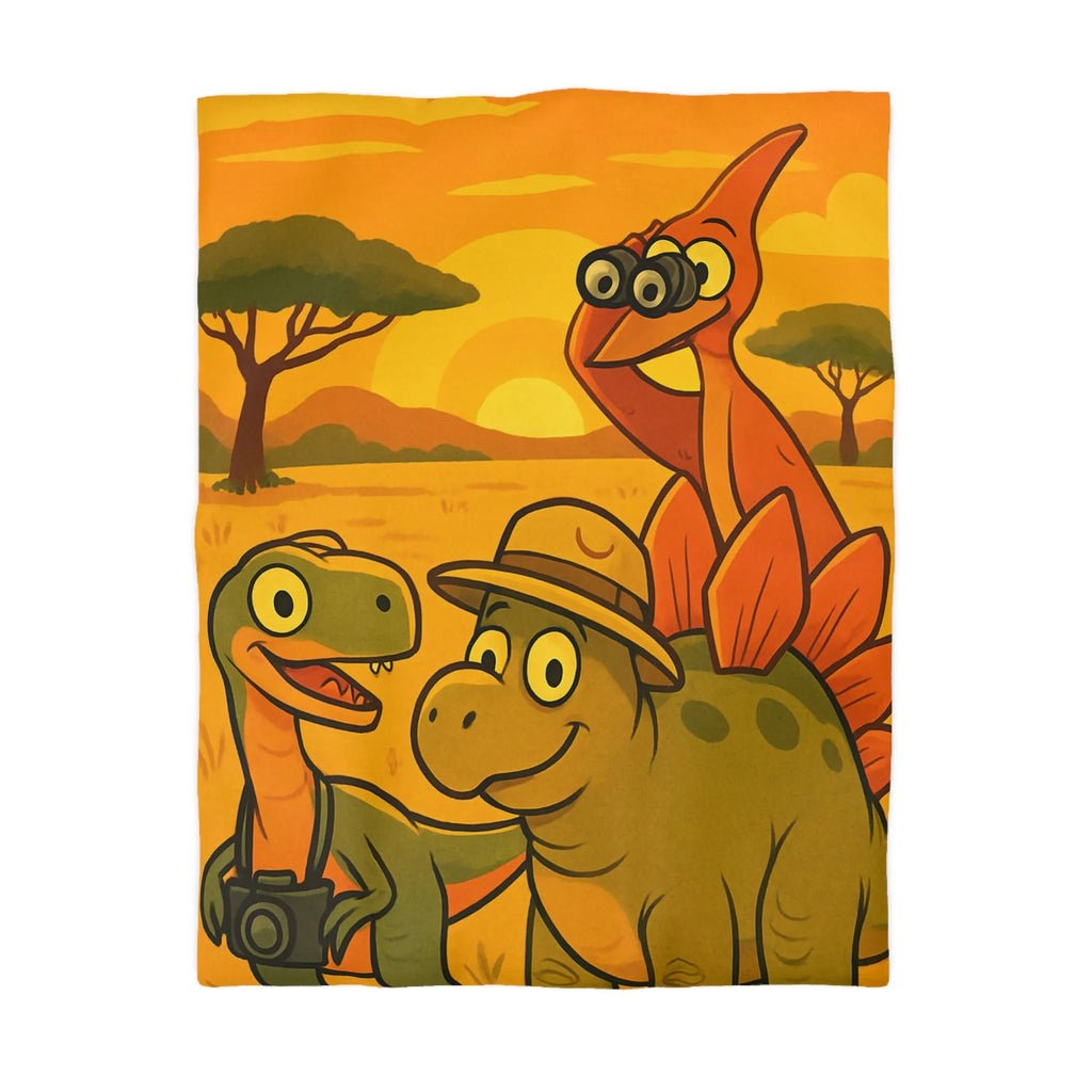 Housse de couette enfant illustrée dinosaures amusants safari coucher de soleil savane jungle